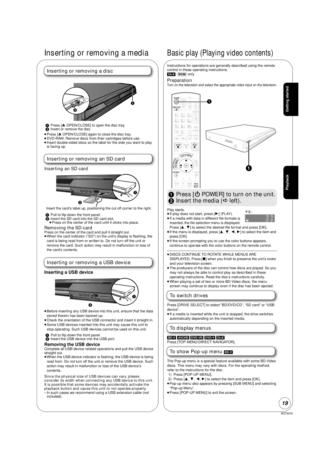 Panasonic DMP-BD80, DMP-BD605 warranty Inserting or removing a media, Basic play Playing video contents 