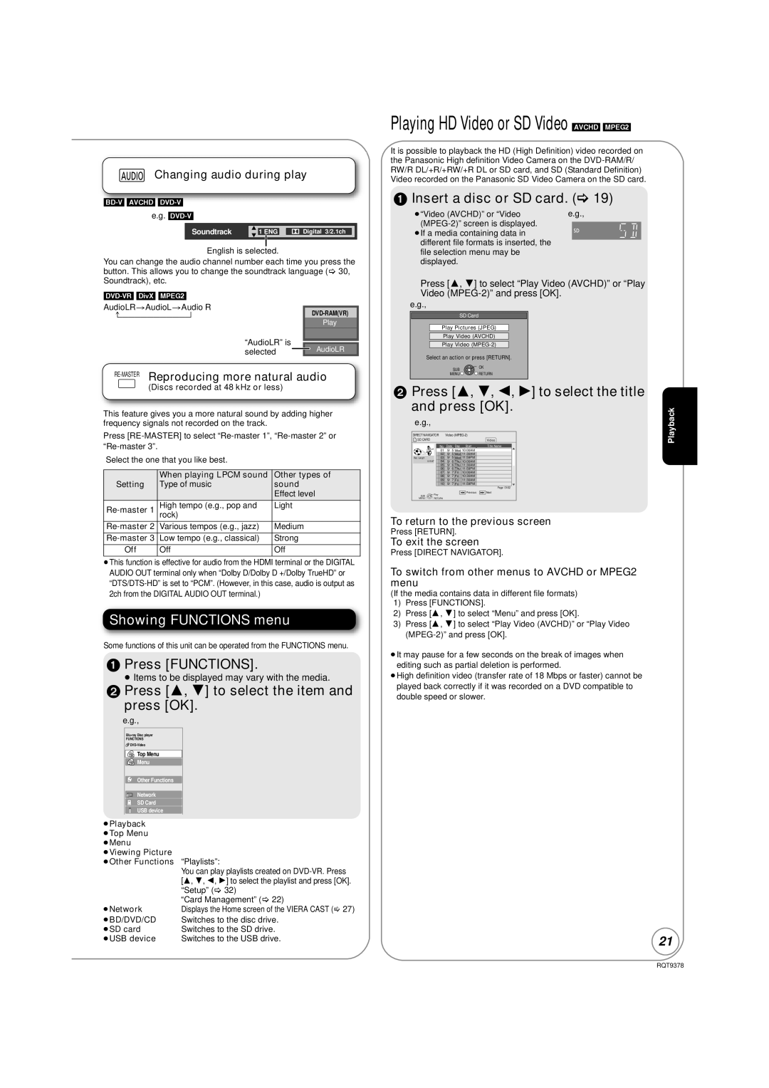 Panasonic DMP-BD80, DMP-BD605 warranty Showing Functions menu, Press Functions, Press 3, 4 to select the item Press OK 