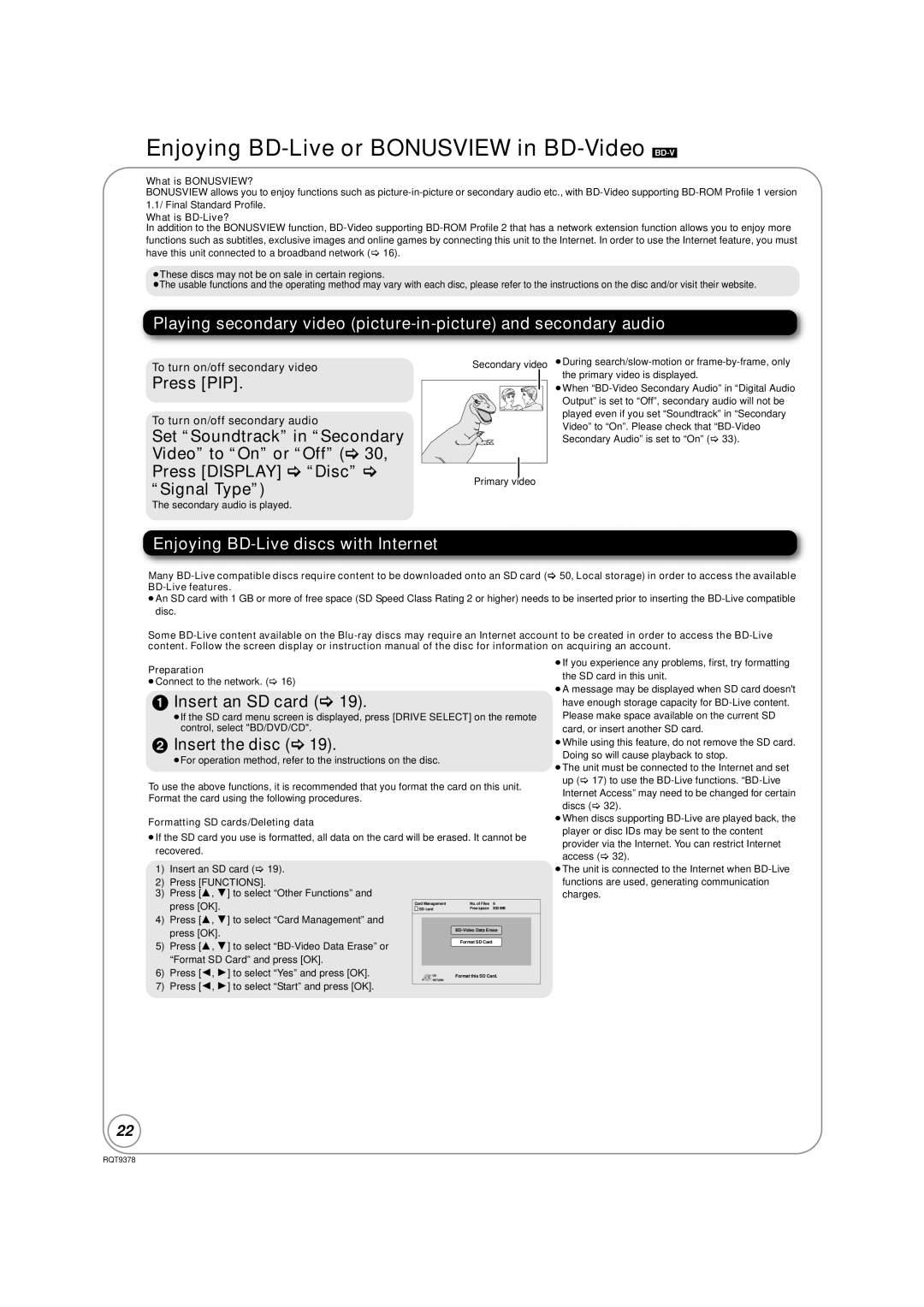 Panasonic DMP-BD60 warranty Enjoying BD-Live or Bonusview in BD-Video BD-V, Press PIP, Enjoying BD-Live discs with Internet 