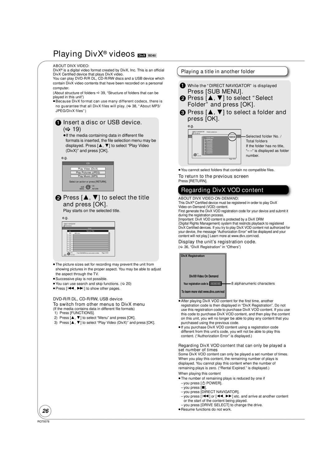 Panasonic DMP-BD605 Playing DivX videos DivX BD80, Press 3, 4 to select the title Press OK, Regarding DivX VOD content 