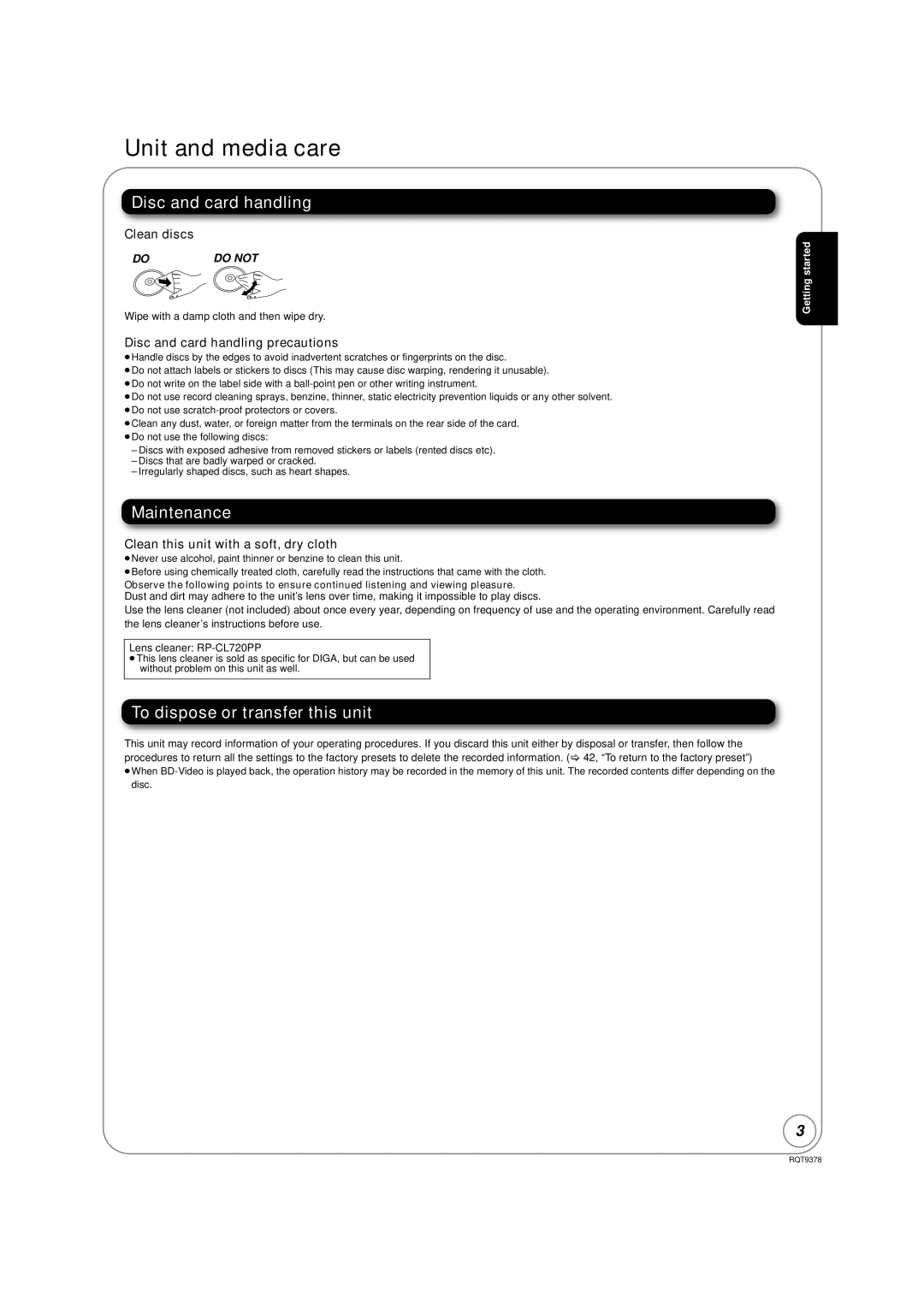 Panasonic DMP-BD80, DMP-BD60 Unit and media care, Disc and card handling, Maintenance, To dispose or transfer this unit 