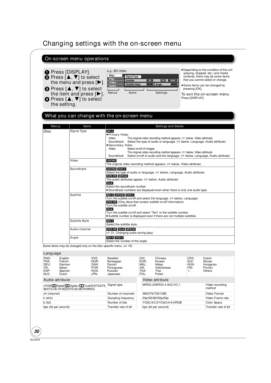 Panasonic DMP-BD80, DMP-BD605 warranty Changing settings with the on-screen menu, On-screen menu operations 