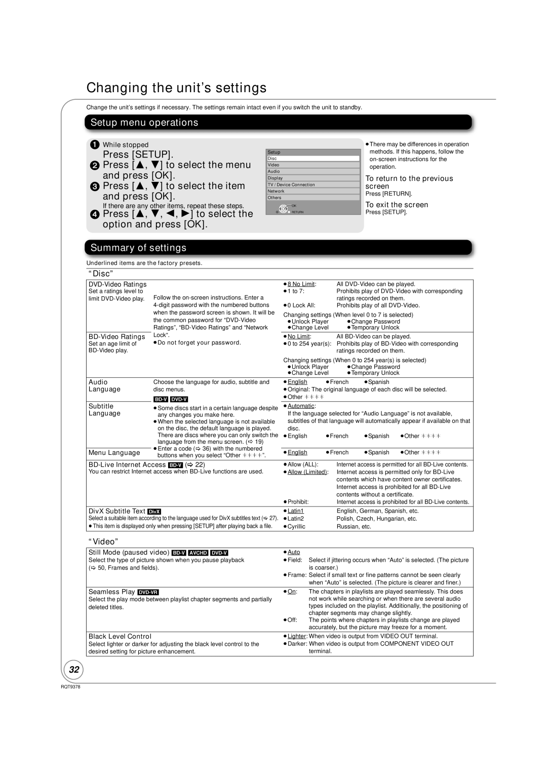 Panasonic DMP-BD605, DMP-BD80 warranty Changing the unit’s settings, Setup menu operations, Summary of settings 