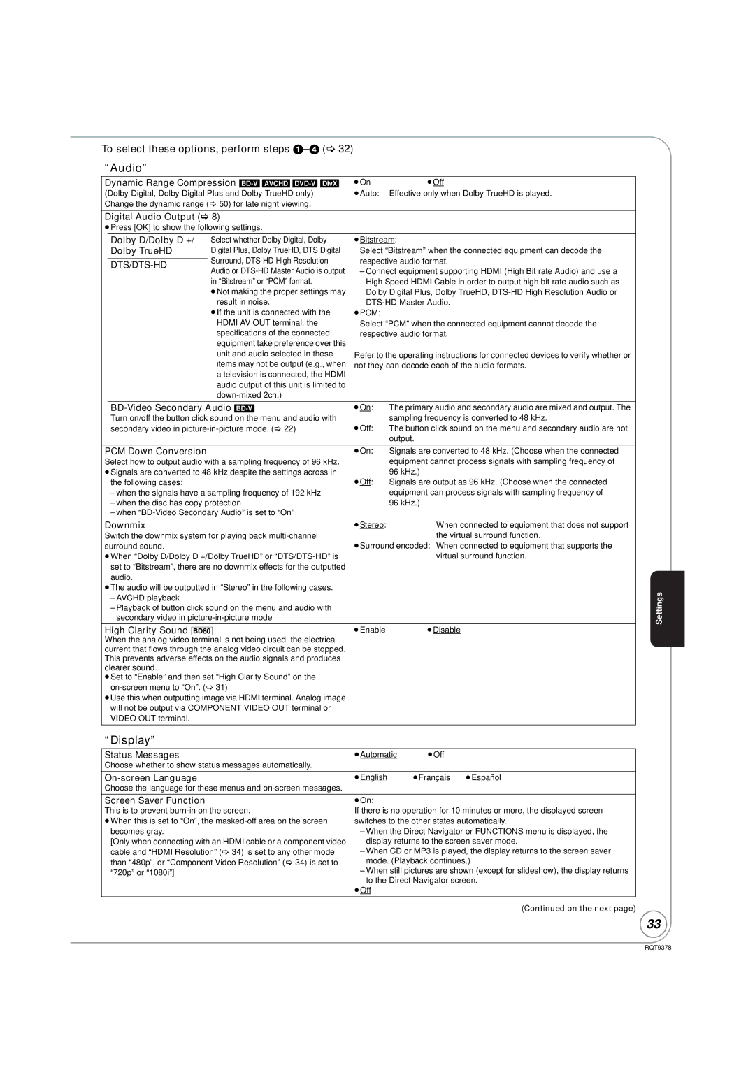 Panasonic DMP-BD80, DMP-BD605 warranty Audio, Display, To select these options, perform steps 1-4 