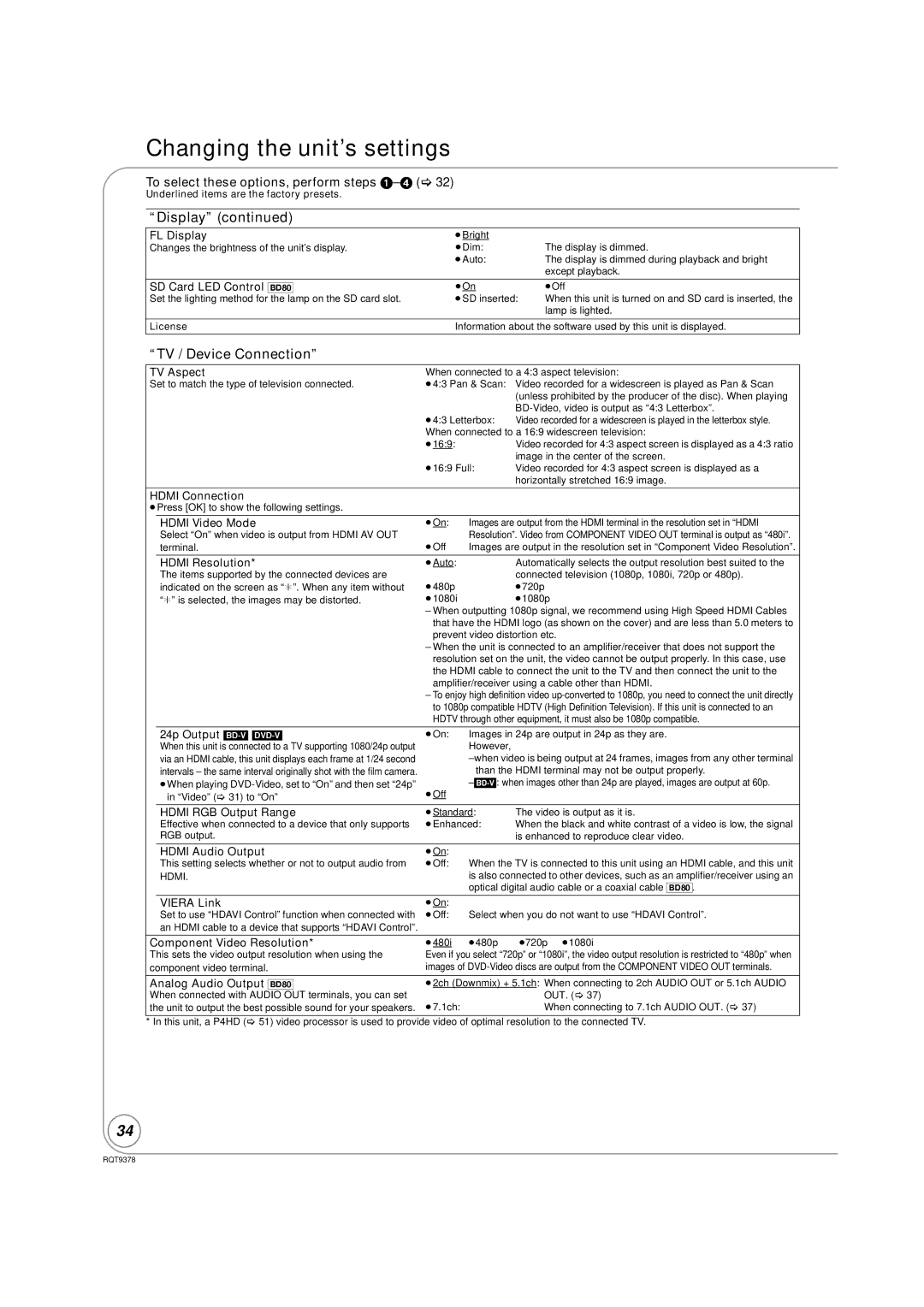 Panasonic DMP-BD80, DMP-BD605 warranty TV / Device Connection 