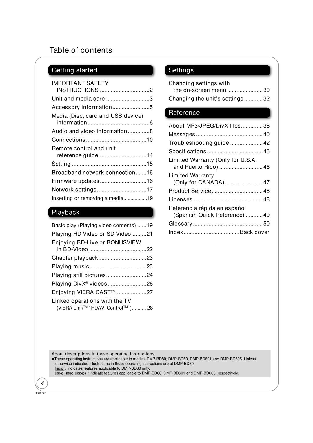 Panasonic DMP-BD80, DMP-BD605 warranty Table of contents 