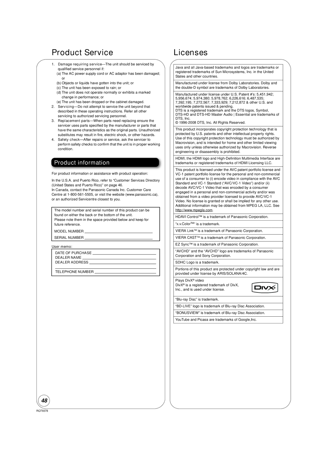 Panasonic DMP-BD80, DMP-BD605 warranty Product Service, Licenses, Product information, User memo 