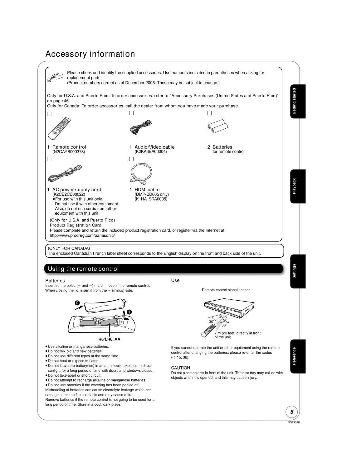 Panasonic DMP-BD605, DMP-BD80 Accessory information, Using the remote control, Remote control Audio/Video cable Batteries 