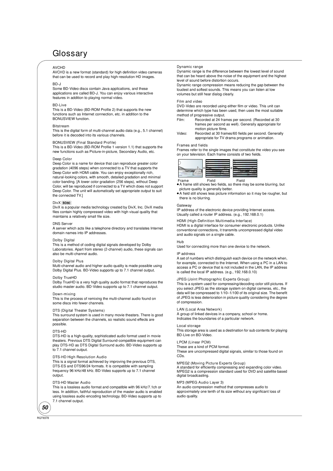 Panasonic DMP-BD605, DMP-BD80 warranty Glossary, Bd-J, Dts-Hd 