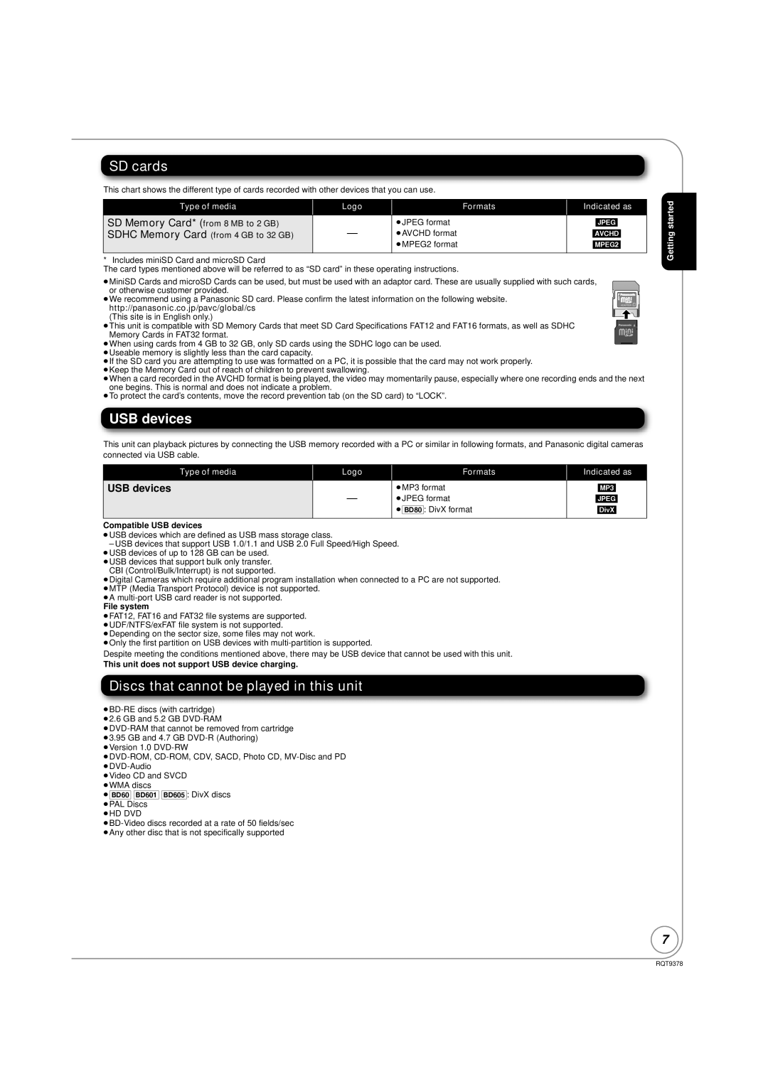 Panasonic DMP-BD60, DMP-BD80 warranty SD cards, Discs that cannot be played in this unit, SD Memory Card* from 8 MB to 2 GB 