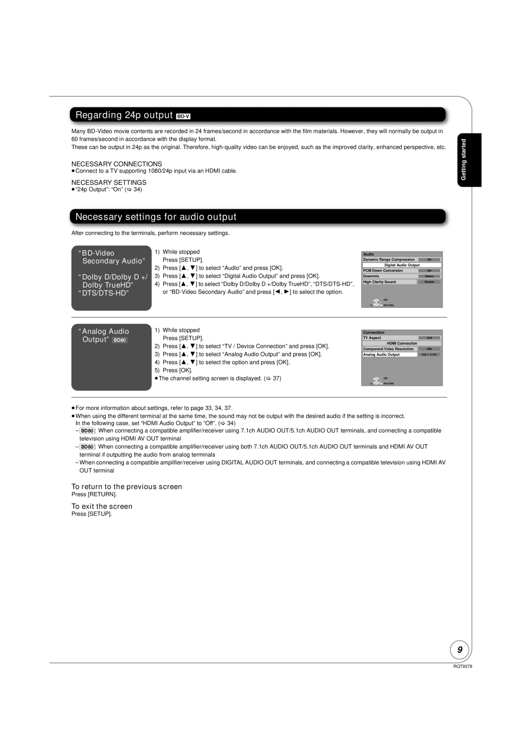 Panasonic DMP-BD80 Regarding 24p output BD-V, Necessary settings for audio output, To return to the previous screen 