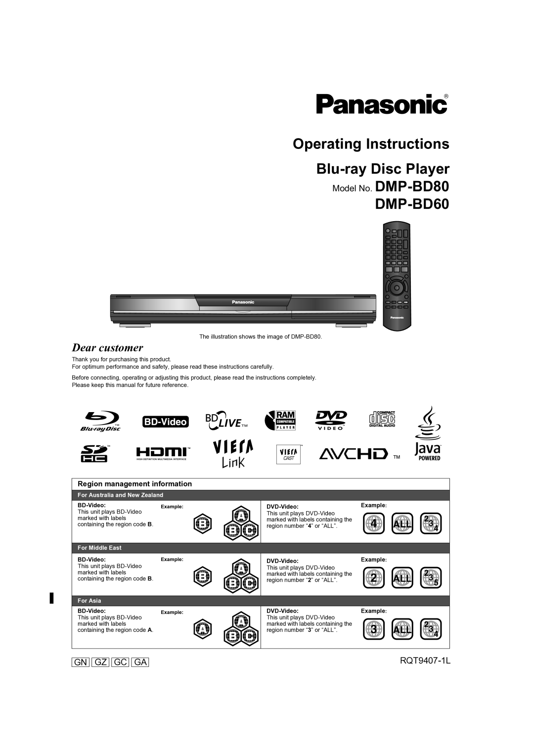 Panasonic DMP-BD60GN, DMP-BD80GN operating instructions Region management information, BD-VideoExample, DVD-Video 