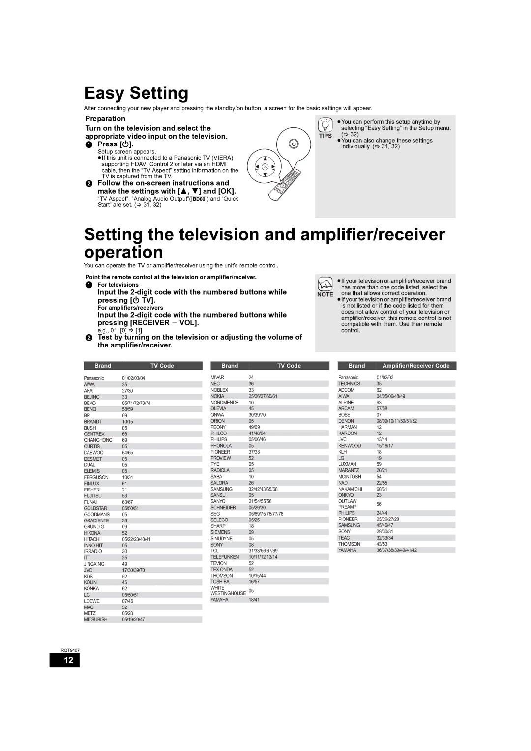 Panasonic DMP-BD80GN Easy Setting, Setting the television and amplifier/receiver operation, For amplifiers/receivers 