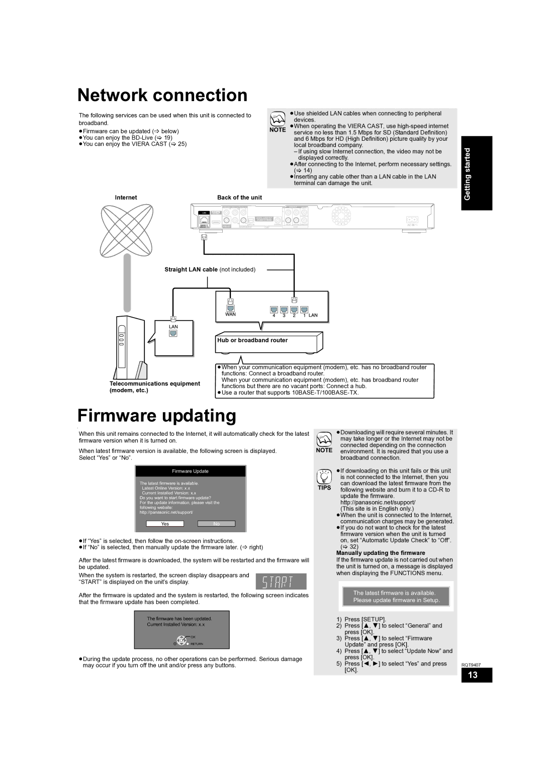 Panasonic DMP-BD60GN Network connection, Firmware updating, Internet Back of the unit Straight LAN cable not included 