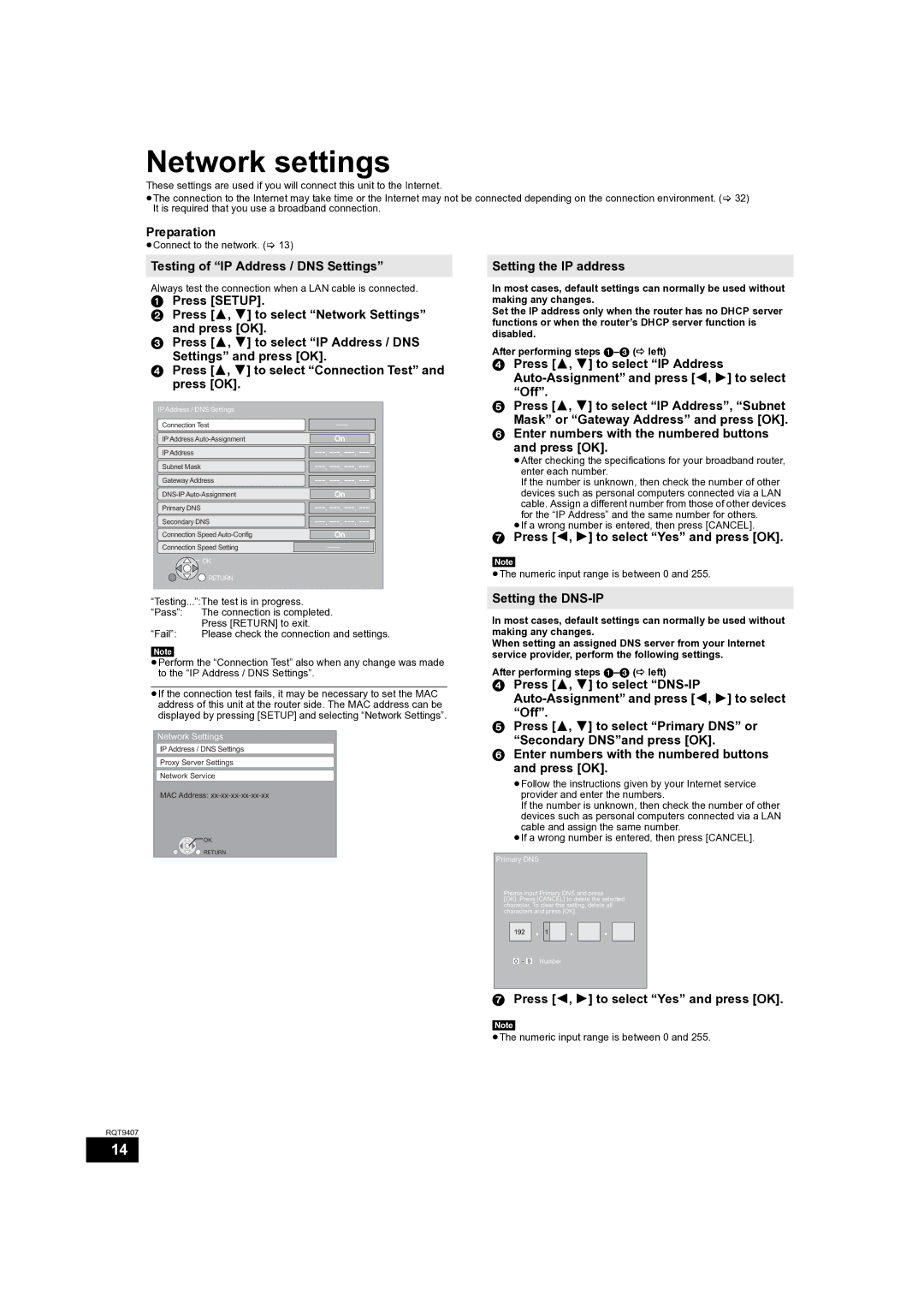 Panasonic DMP-BD60GZ, DMP-BD80GN, DMP-BD60GN operating instructions Network settings 