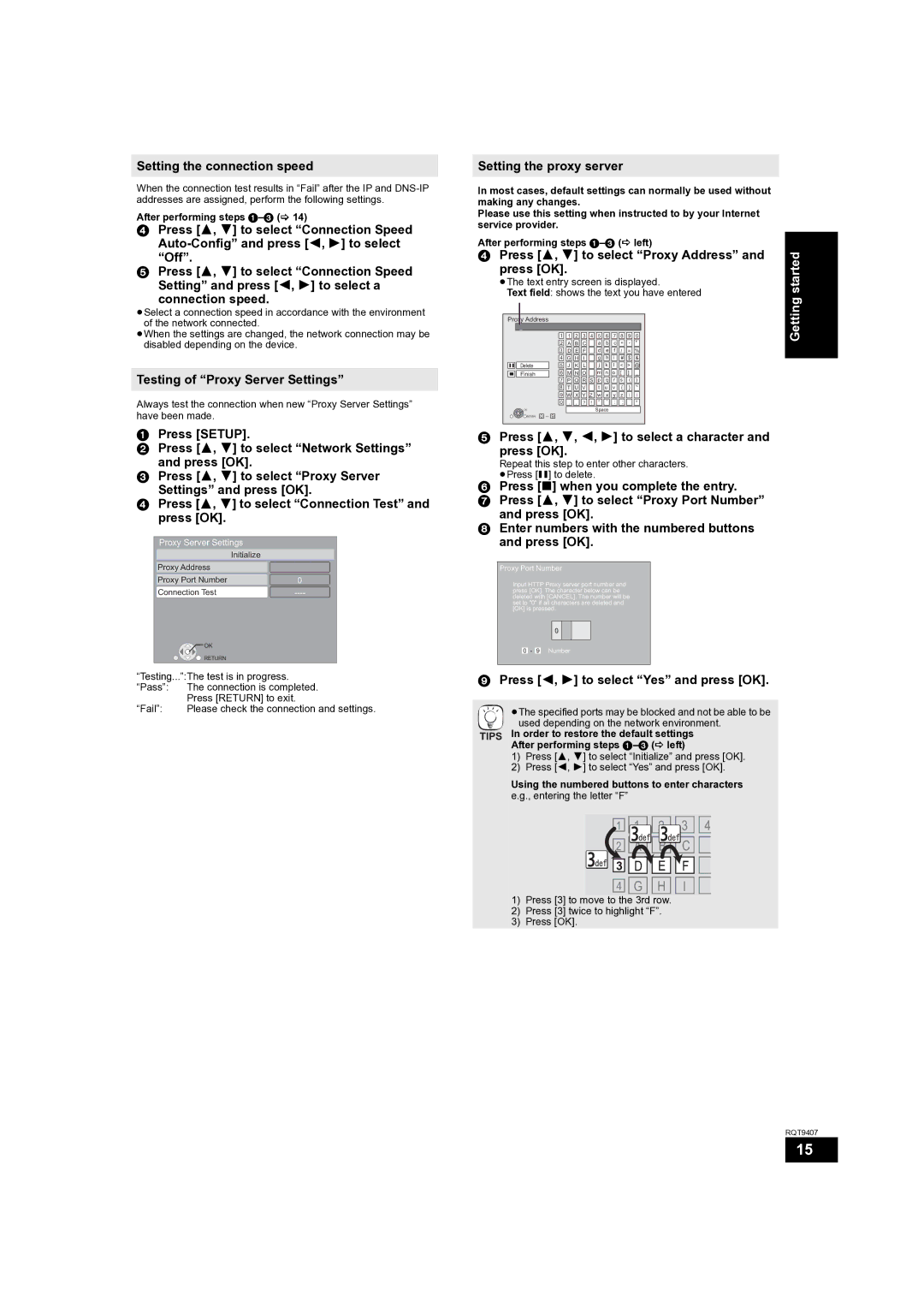 Panasonic DMP-BD80GN, DMP-BD60GN Setting the connection speed, Testing of Proxy Server Settings, Setting the proxy server 