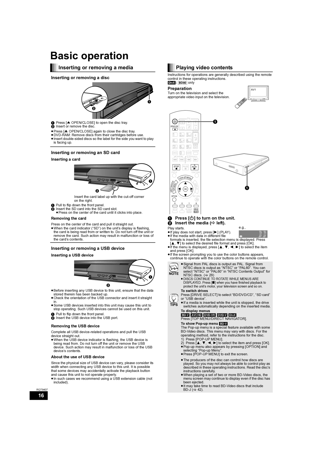 Panasonic DMP-BD60GN, DMP-BD80GN, DMP-BD60GZ Basic operation, Inserting or removing a media, Playing video contents 