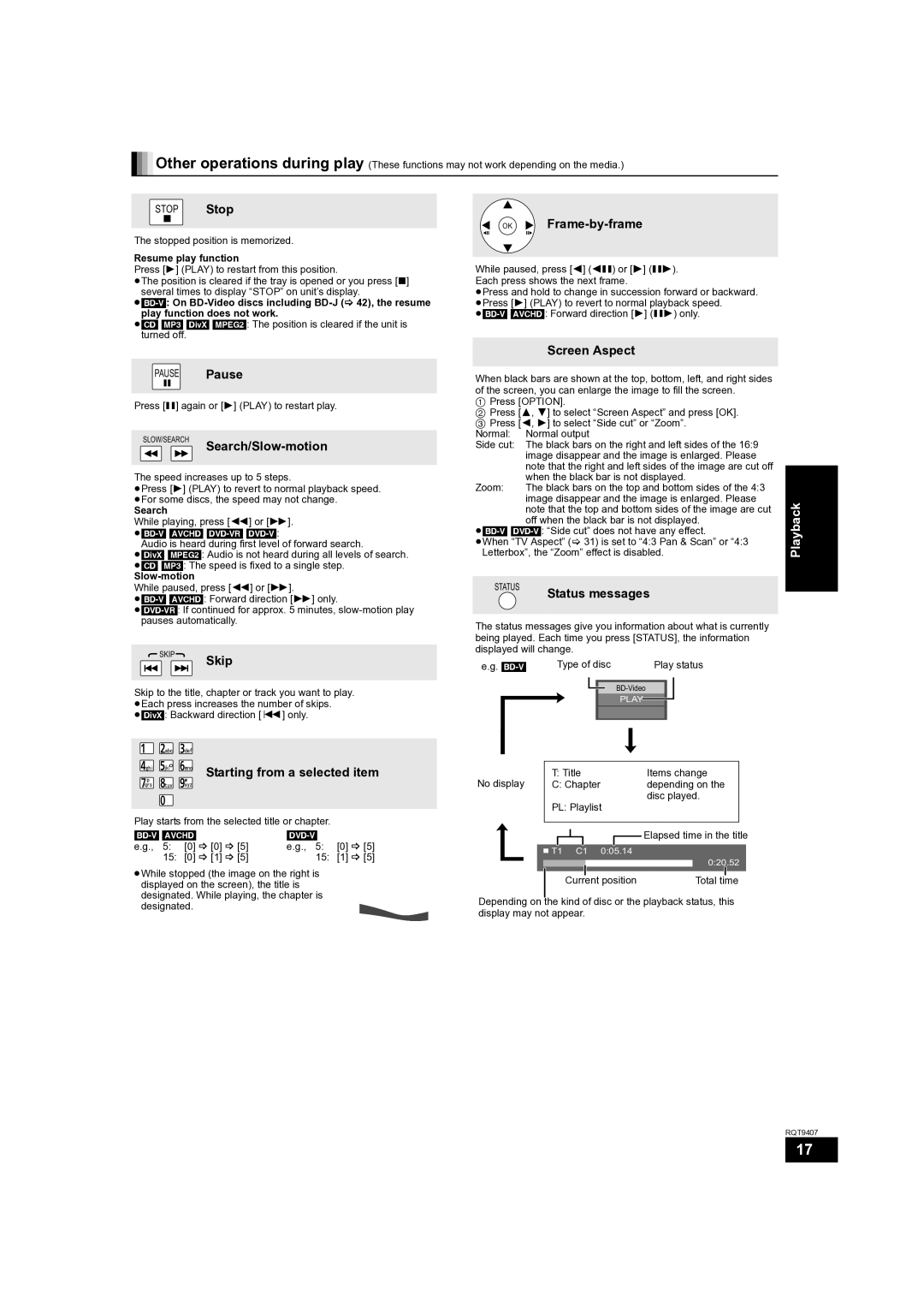 Panasonic DMP-BD60GZ SLOW/SEARCH Search/Slow-motion, Skip Skip, Starting from a selected item, OK Frame-by-frame 