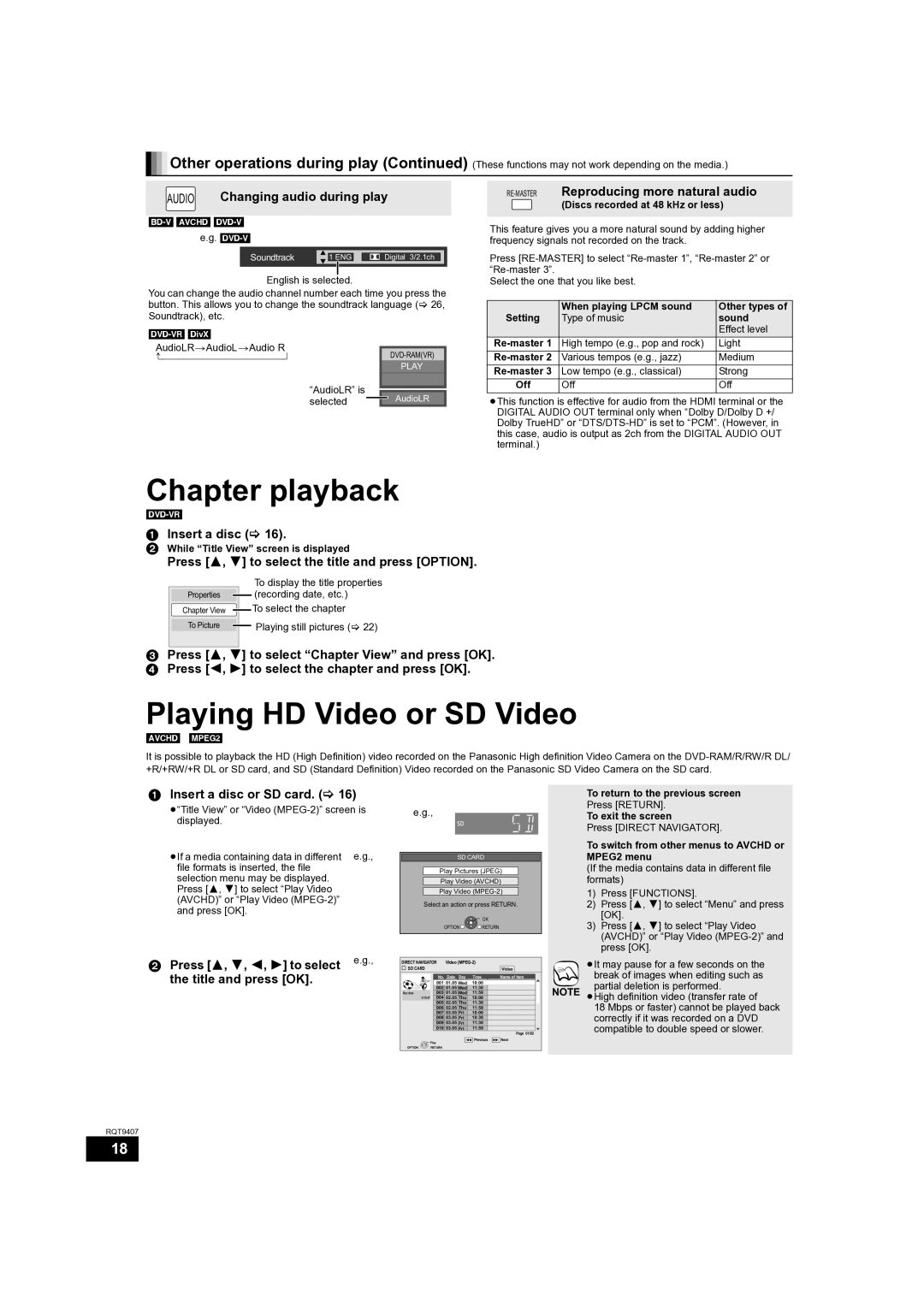 Panasonic DMP-BD80GN, DMP-BD60GN, DMP-BD60GZ operating instructions Chapter playback, Playing HD Video or SD Video 