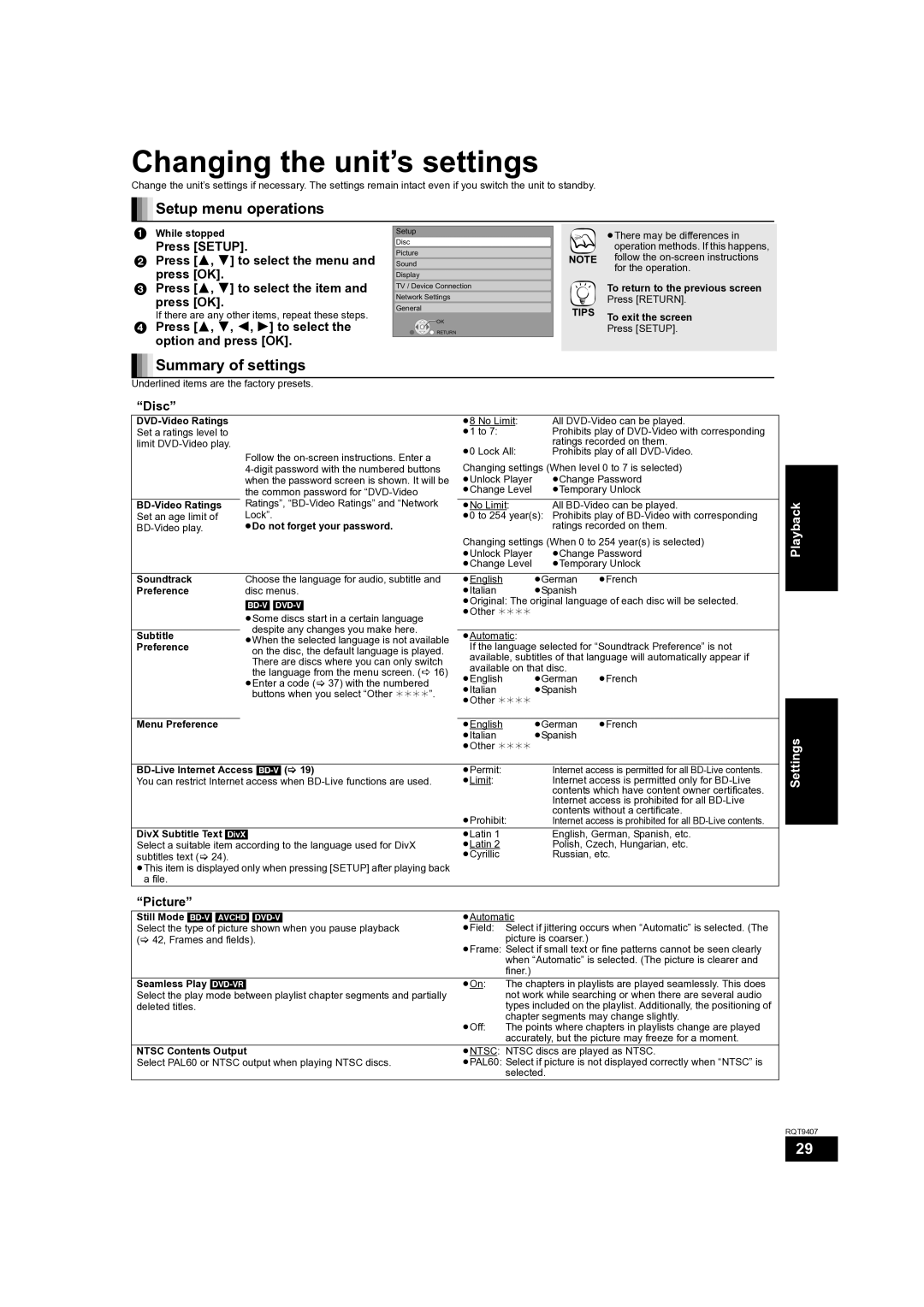 Panasonic DMP-BD60GZ, DMP-BD80GN, DMP-BD60GN Changing the unit’s settings, Setup menu operations, Summary of settings 