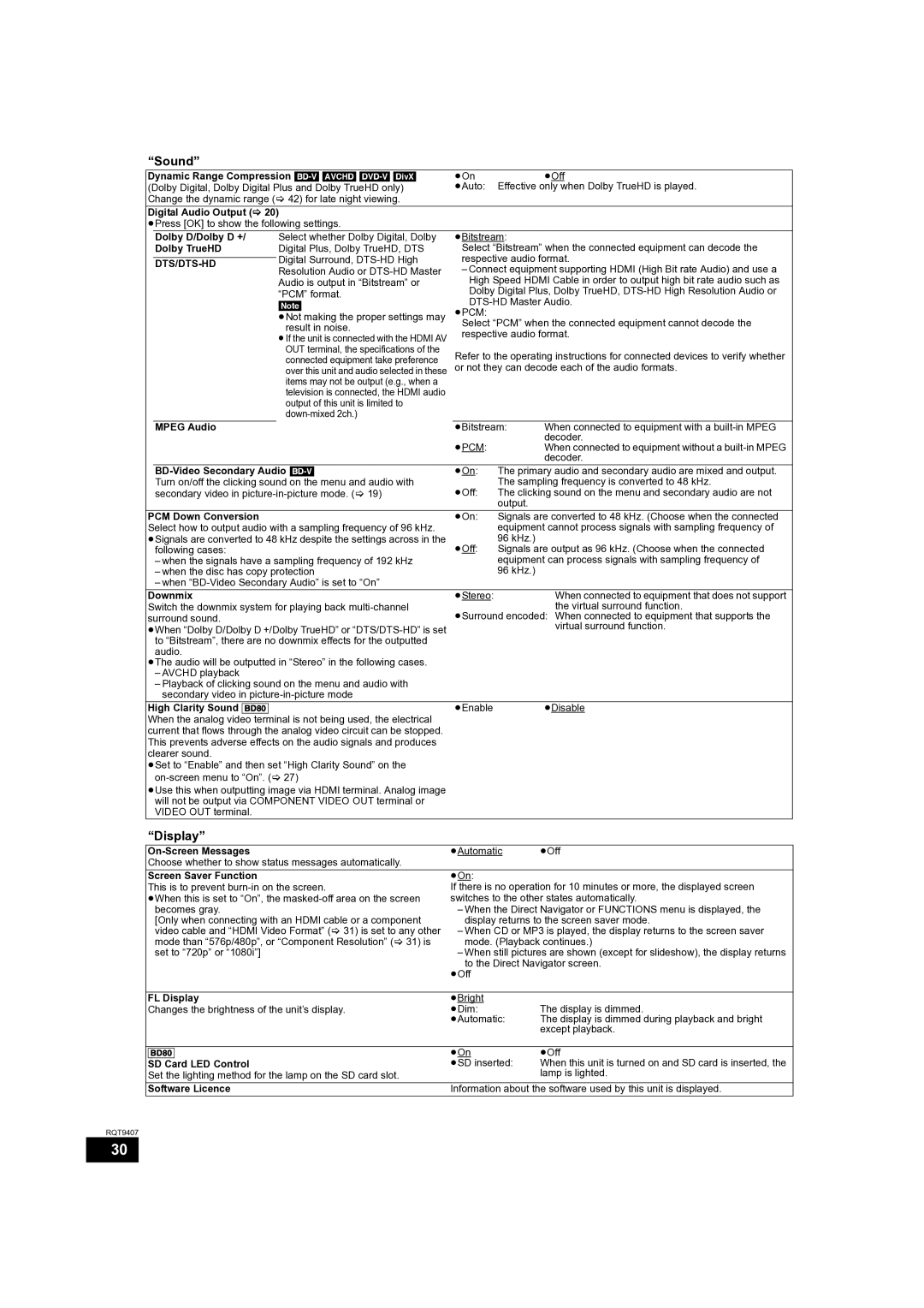 Panasonic DMP-BD80GN, DMP-BD60GN, DMP-BD60GZ operating instructions Display, Dts/Dts-Hd 