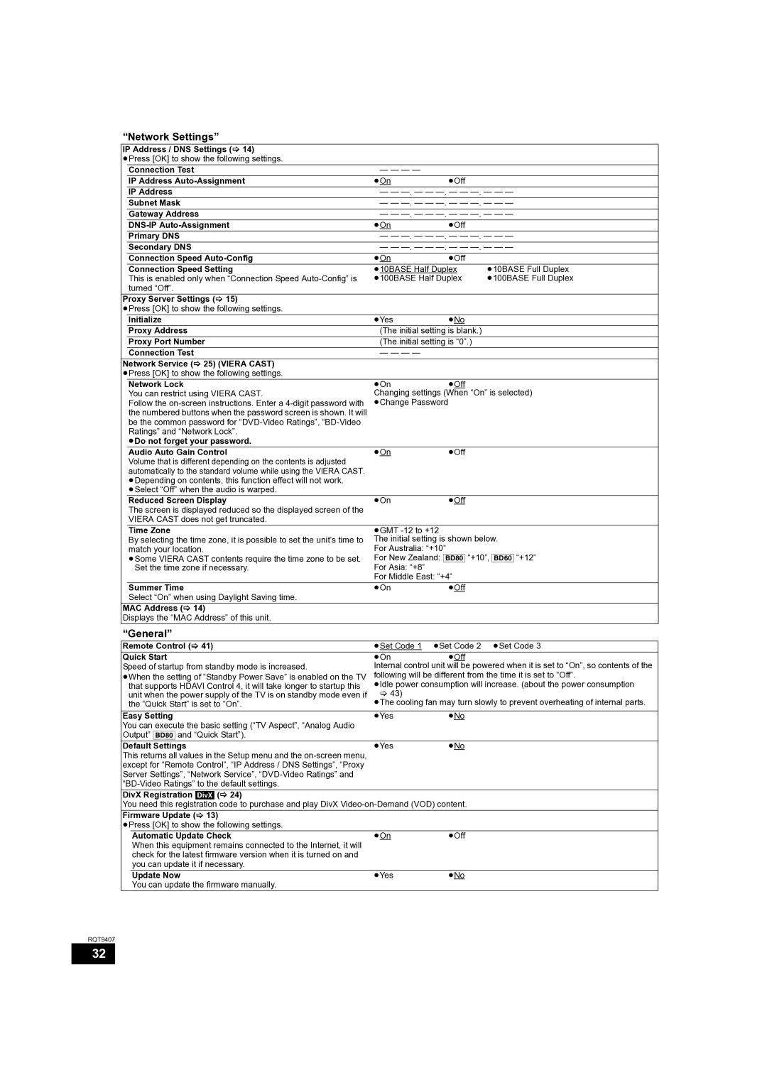 Panasonic DMP-BD60GZ, DMP-BD80GN, DMP-BD60GN operating instructions Network Settings, General, Viera Cast 