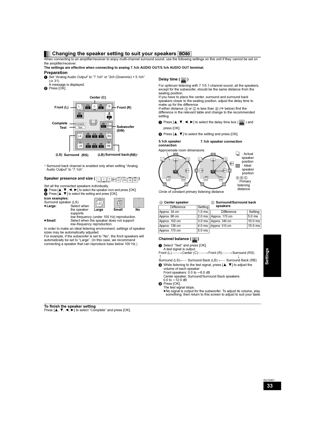 Panasonic DMP-BD80GN Changing the speaker setting to suit your speakers BD80, Delay time ms0.0, Channel balance dB0.0 