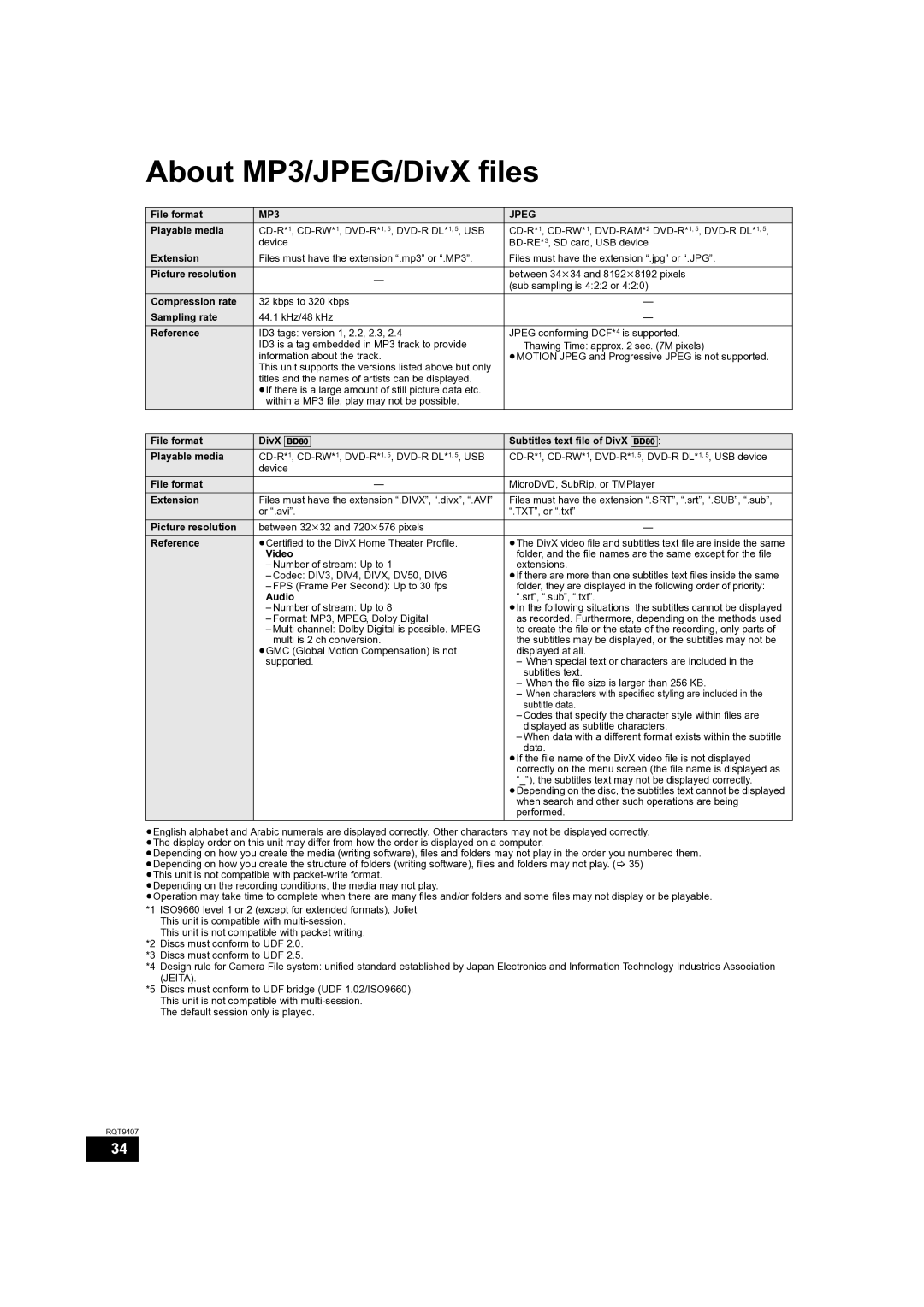 Panasonic DMP-BD60GN, DMP-BD80GN, DMP-BD60GZ operating instructions About MP3/JPEG/DivX files, MP3 Jpeg 