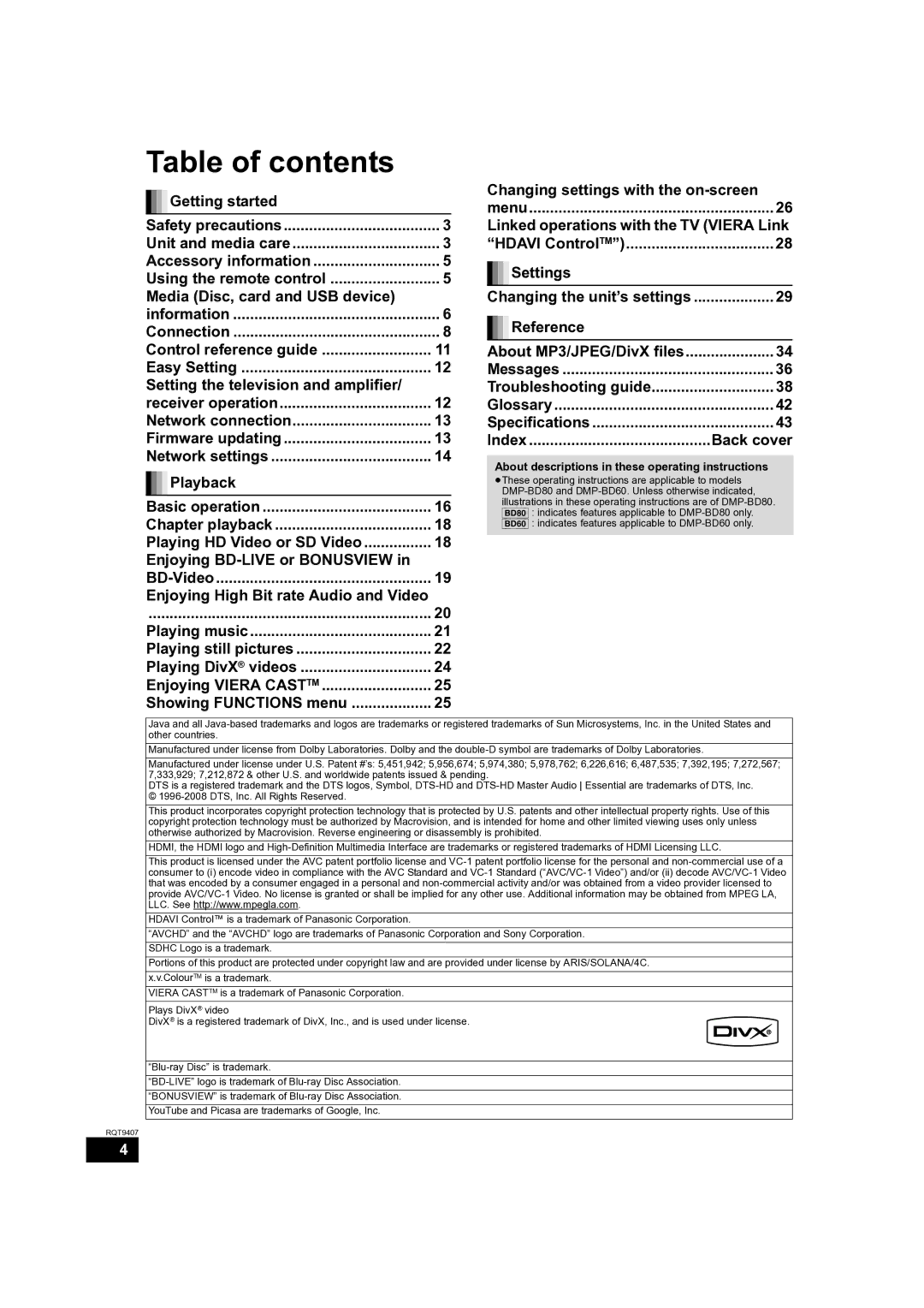 Panasonic DMP-BD60GN, DMP-BD80GN, DMP-BD60GZ operating instructions Table of contents 