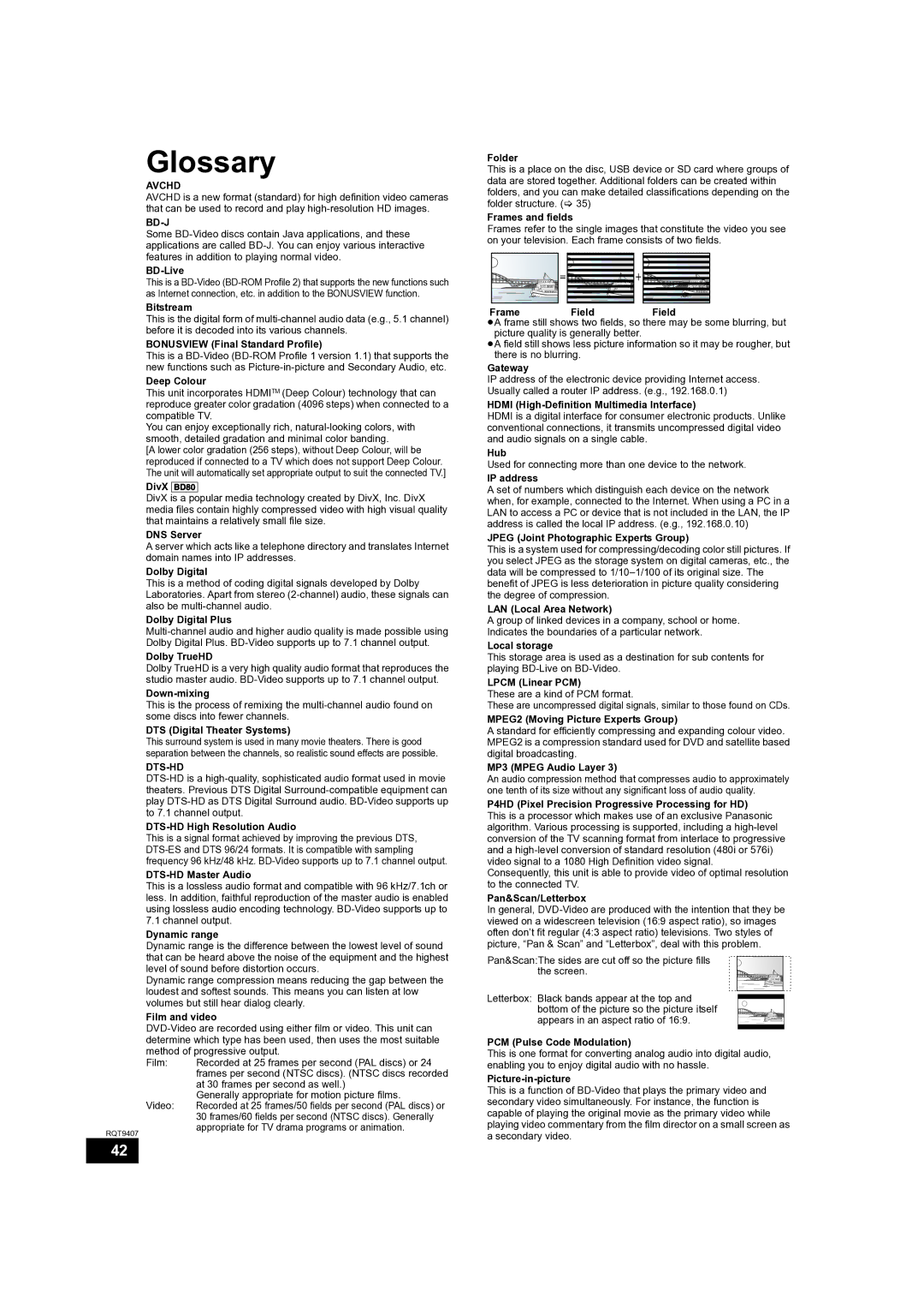 Panasonic DMP-BD80GN, DMP-BD60GN, DMP-BD60GZ operating instructions Glossary, Avchd, Bd-J, Dts-Hd 