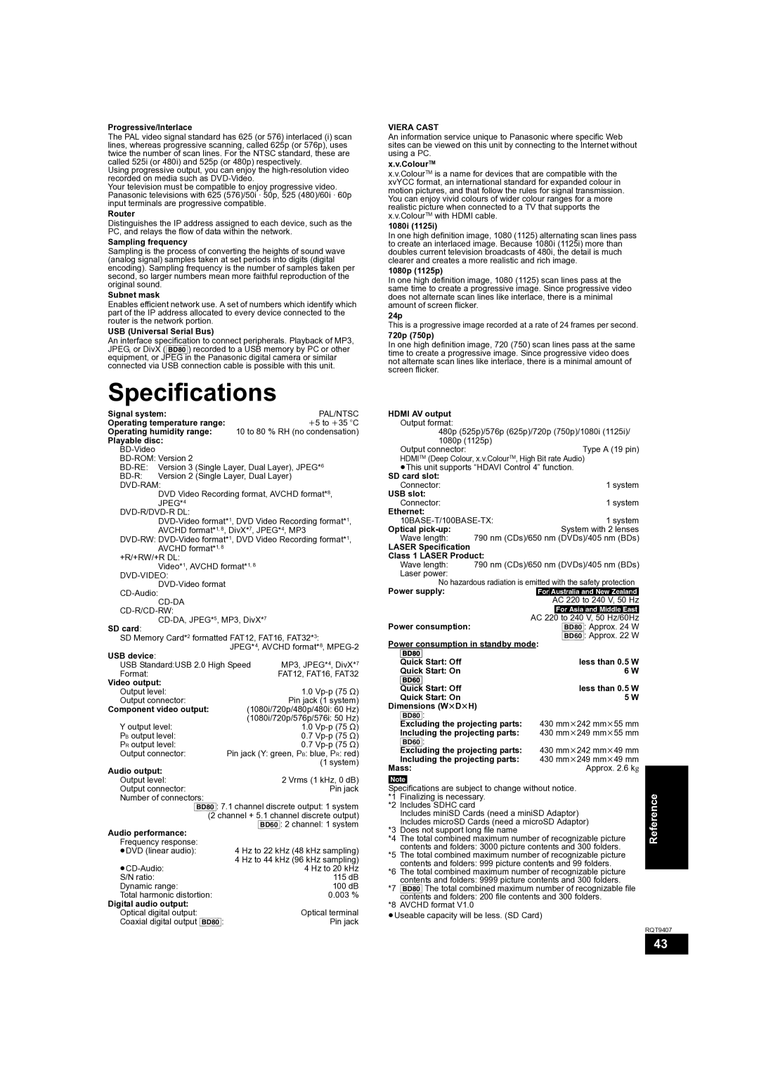 Panasonic DMP-BD60GN, DMP-BD80GN, DMP-BD60GZ operating instructions Specifications 