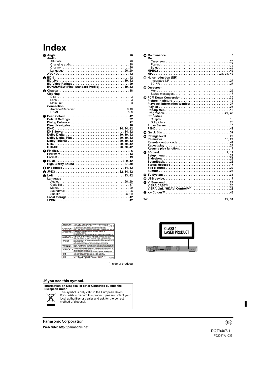 Panasonic DMP-BD60GZ, DMP-BD80GN, DMP-BD60GN operating instructions Index, If you see this symbol 