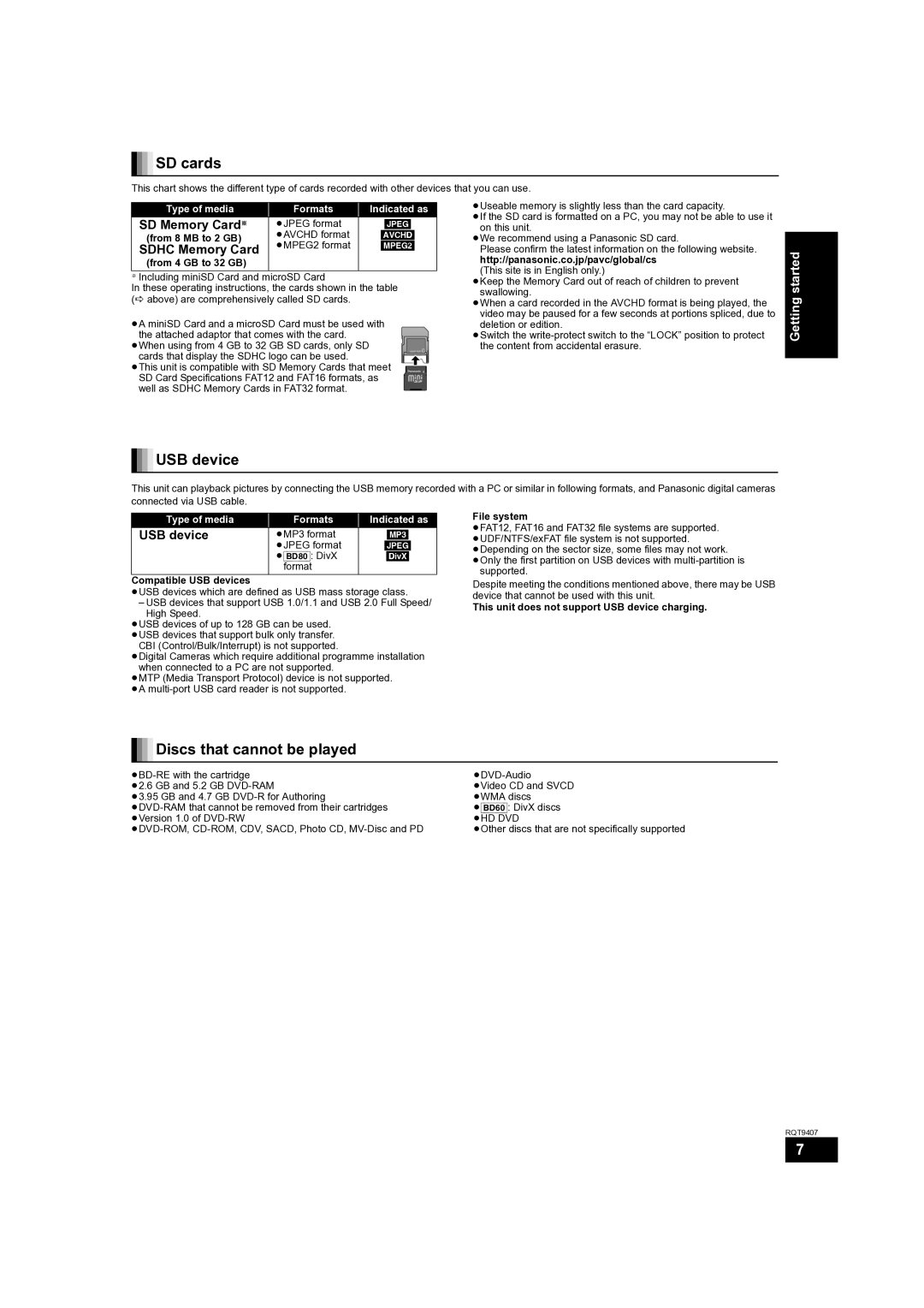 Panasonic DMP-BD60GN, DMP-BD80GN, DMP-BD60GZ operating instructions SD cards, USB device, Discs that cannot be played 