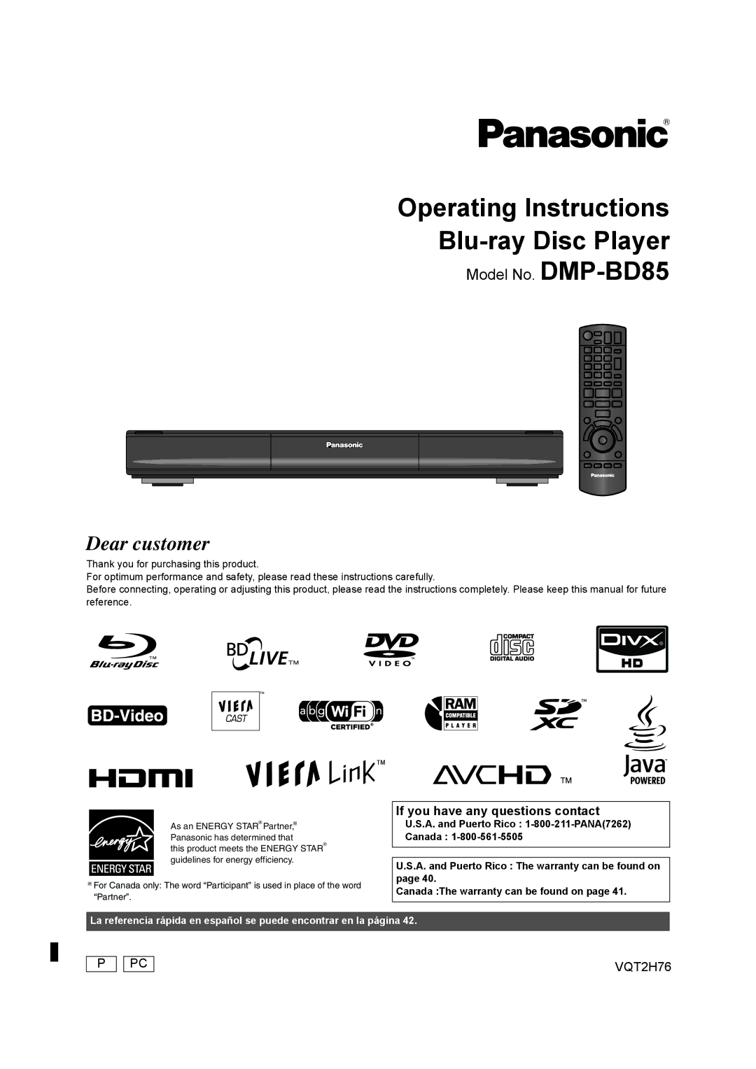 Panasonic DMP-BD85EGK operating instructions Model No. DMP-BD85, If you have any questions contact 