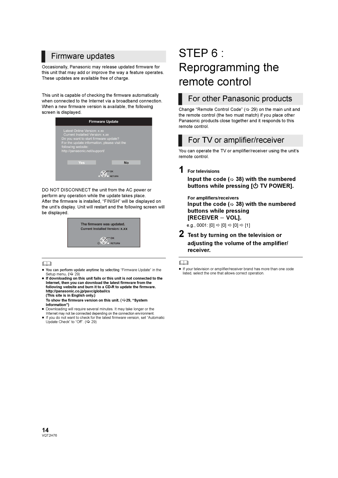 Panasonic DMP-BD85EGK Reprogramming the remote control, Firmware updates, For other Panasonic products 