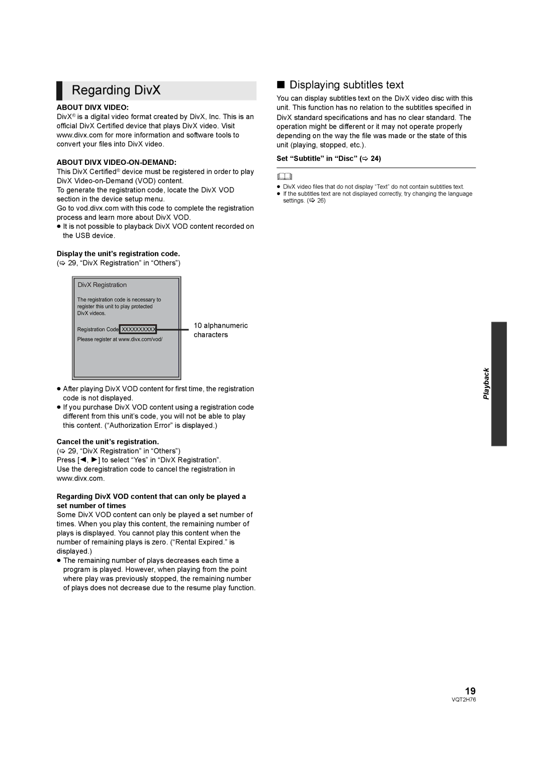 Panasonic DMP-BD85EGK Regarding DivX, Displaying subtitles text, About Divx Video About Divx VIDEO-ON-DEMAND 