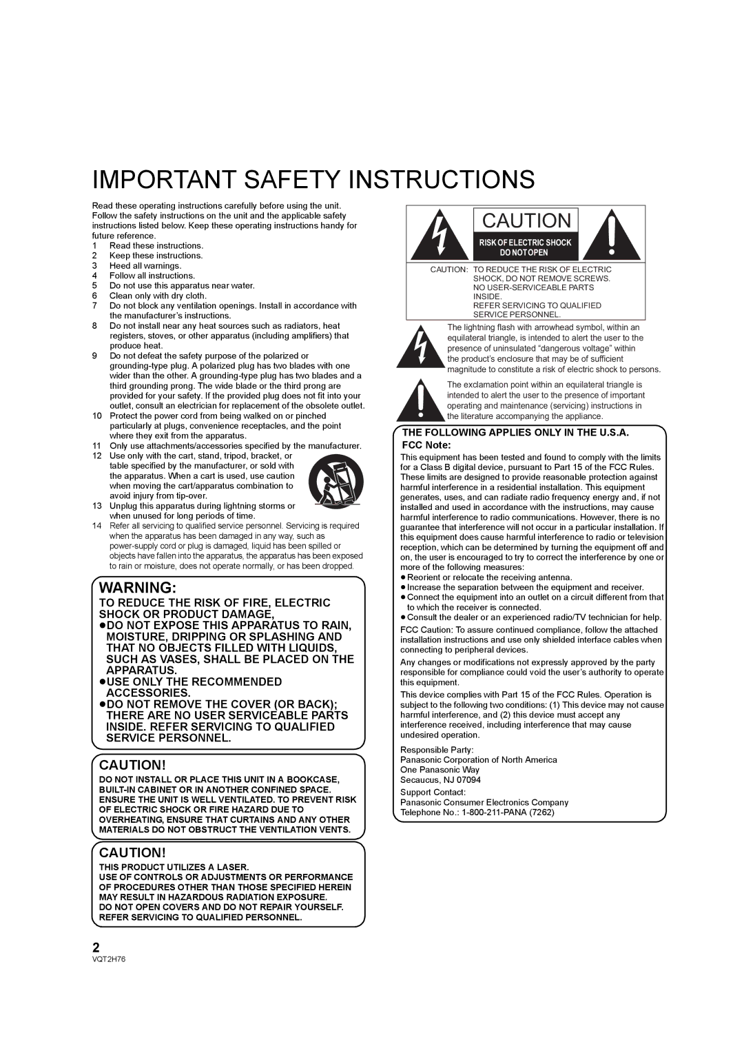 Panasonic DMP-BD85EGK Important Safety Instructions, Following Applies only in the U.S.A. FCC Note 