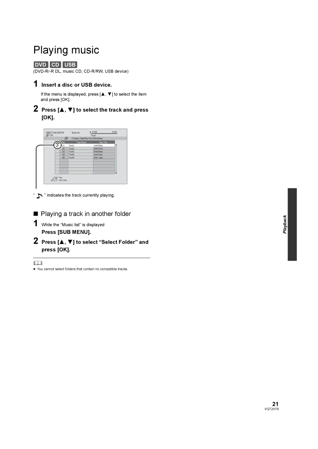 Panasonic DMP-BD85EGK operating instructions Playing music, Playing a track in another folder, Insert a disc or USB device 