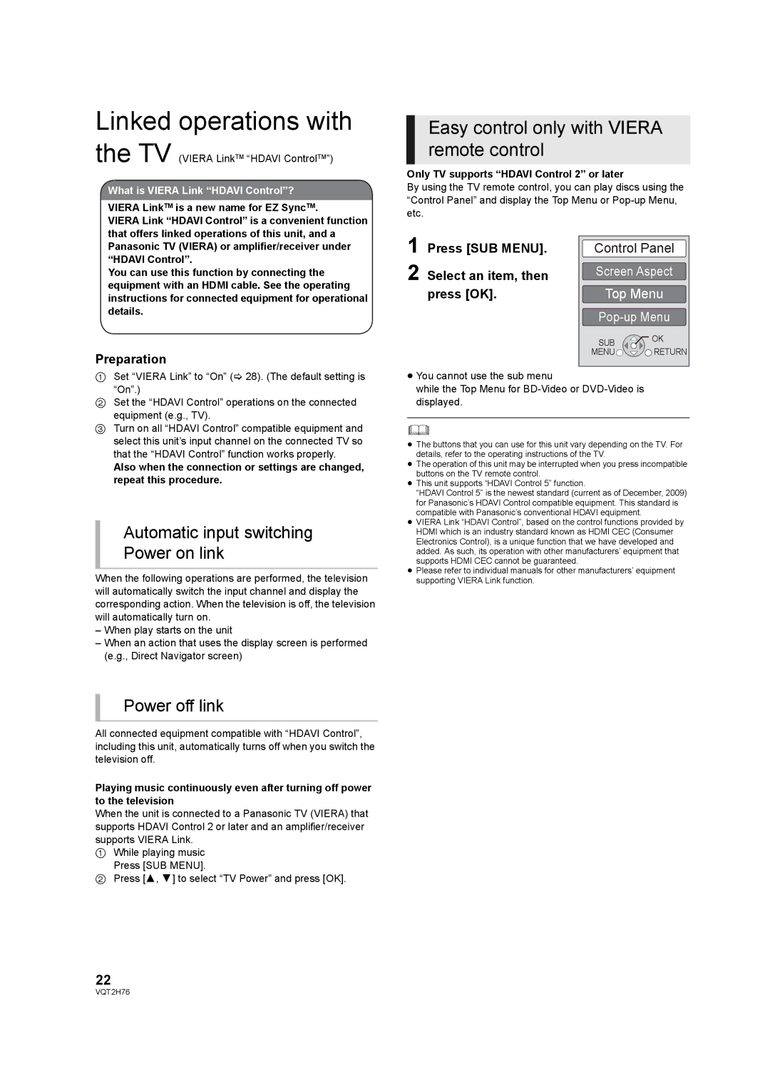 Panasonic DMP-BD85EGK operating instructions Linked operations with, Easy control only with Viera remote control 