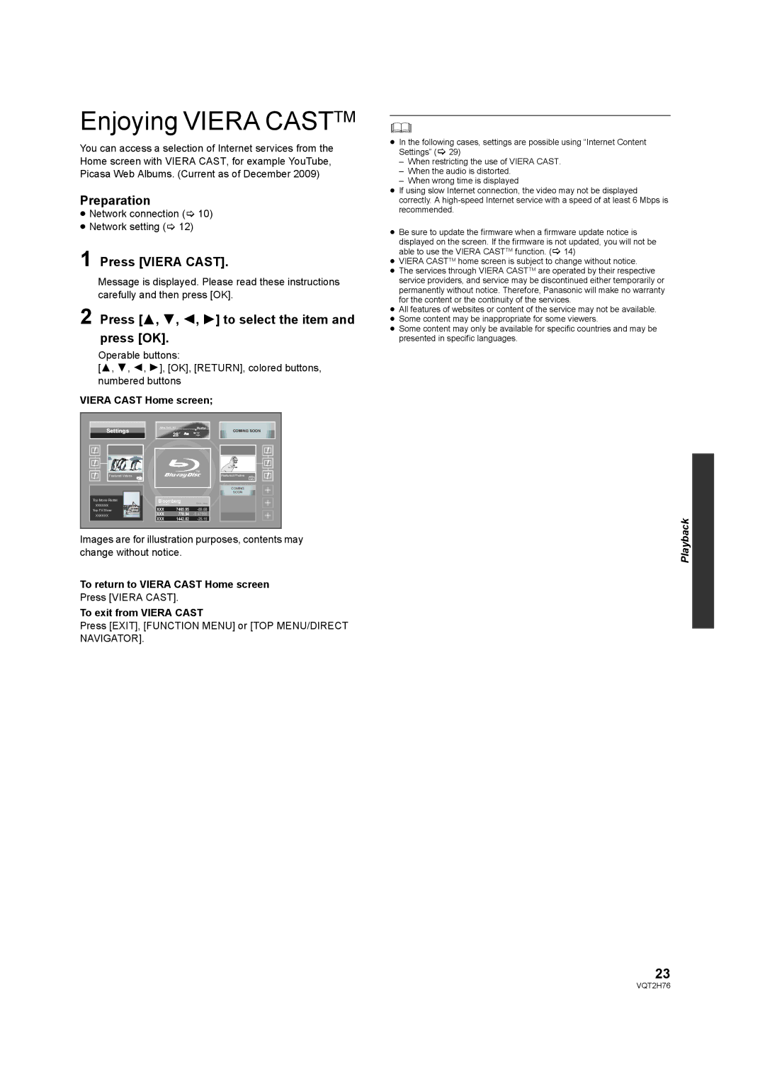 Panasonic DMP-BD85EGK Enjoying Viera Casttm, Press Viera Cast, Press 3, 4, 2, 1 to select the item and press OK 