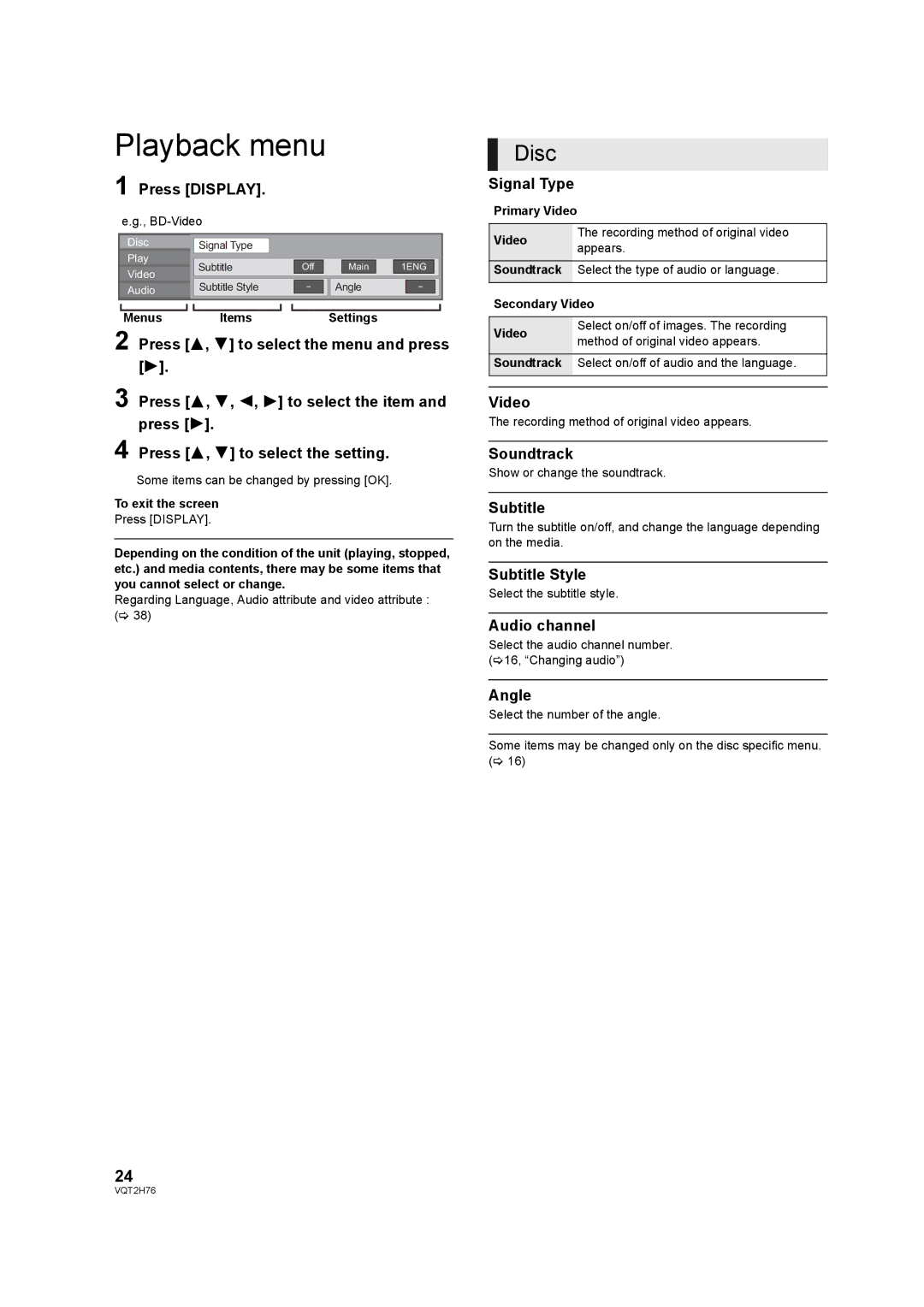 Panasonic DMP-BD85EGK operating instructions Playback menu, Disc 