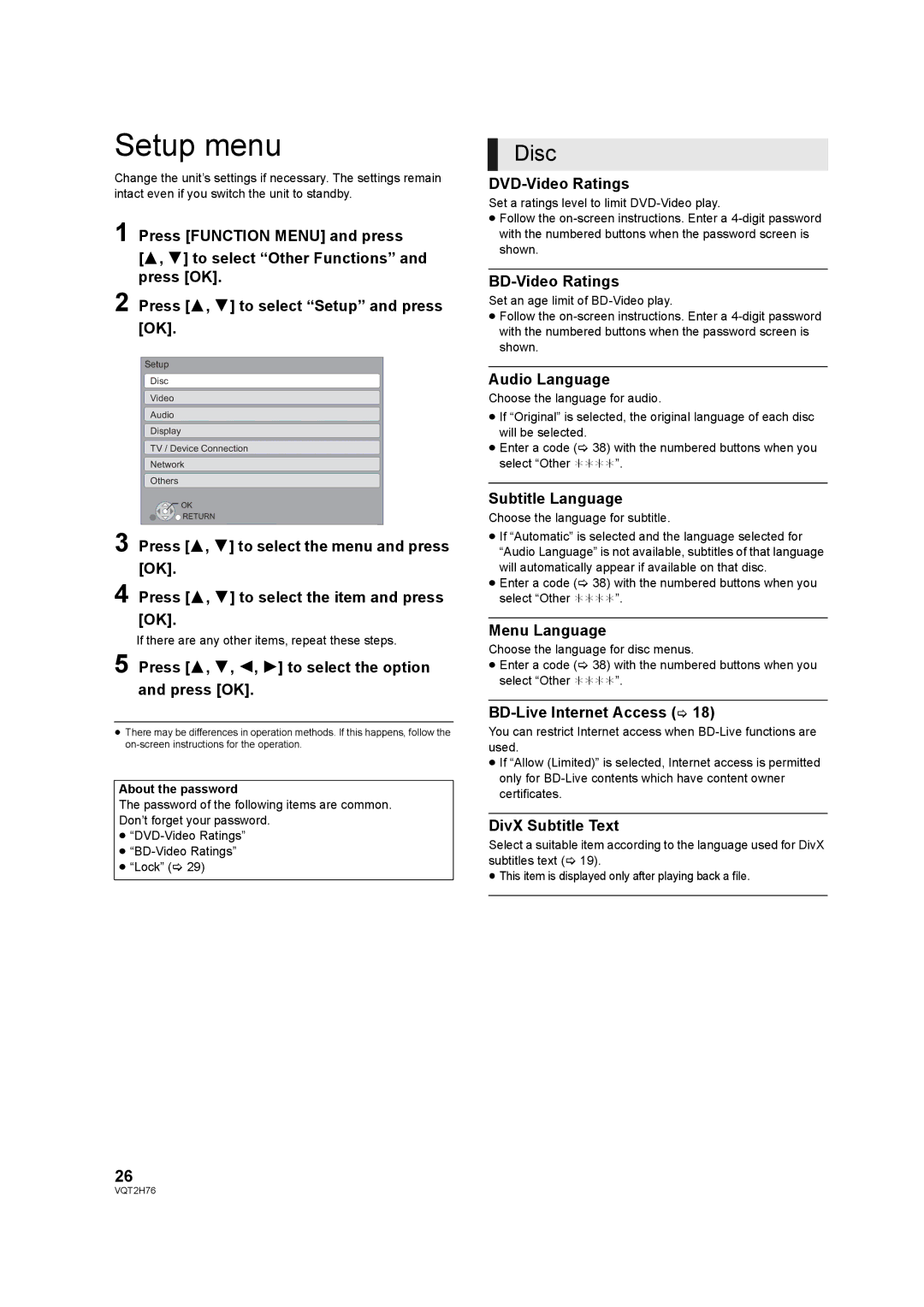 Panasonic DMP-BD85EGK operating instructions Setup menu 