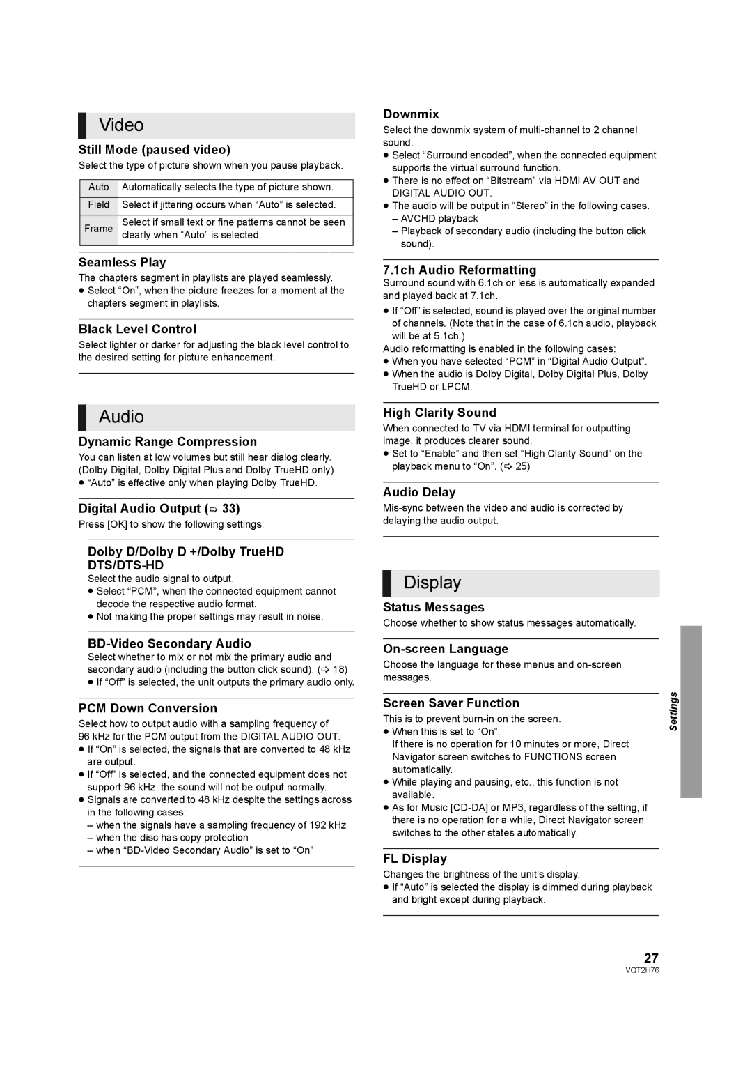 Panasonic DMP-BD85EGK operating instructions Display 