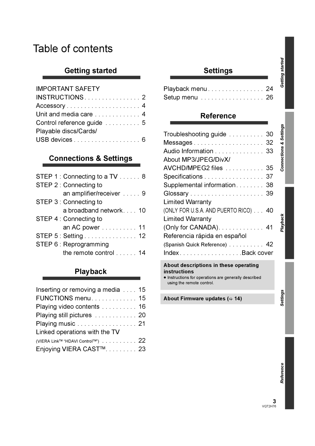 Panasonic DMP-BD85EGK operating instructions Table of contents 