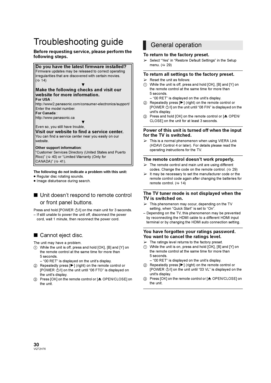 Panasonic DMP-BD85EGK operating instructions Troubleshooting guide, General operation, Cannot eject disc 