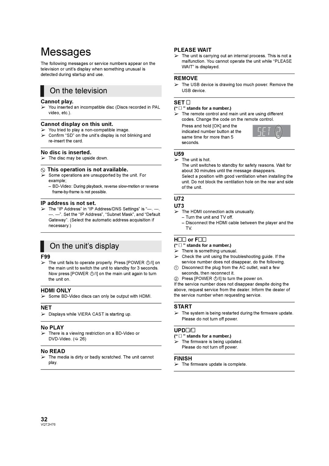 Panasonic DMP-BD85EGK operating instructions Messages, On the television, On the unit’s display 