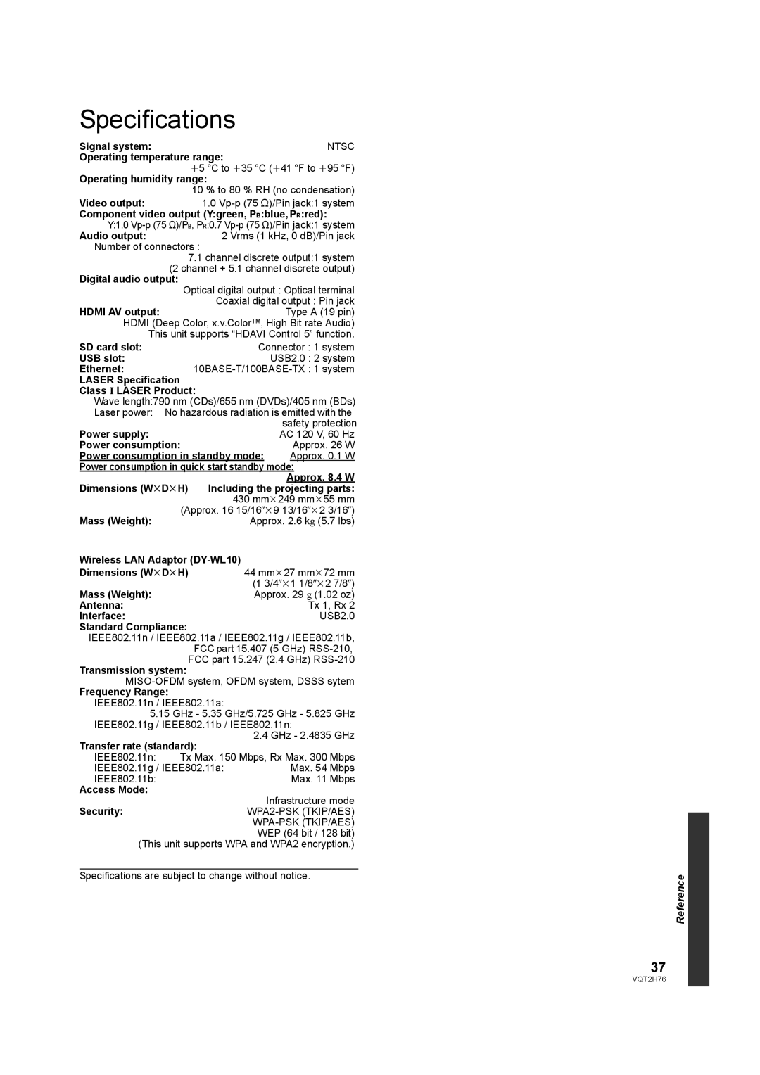 Panasonic DMP-BD85EGK operating instructions Specifications 