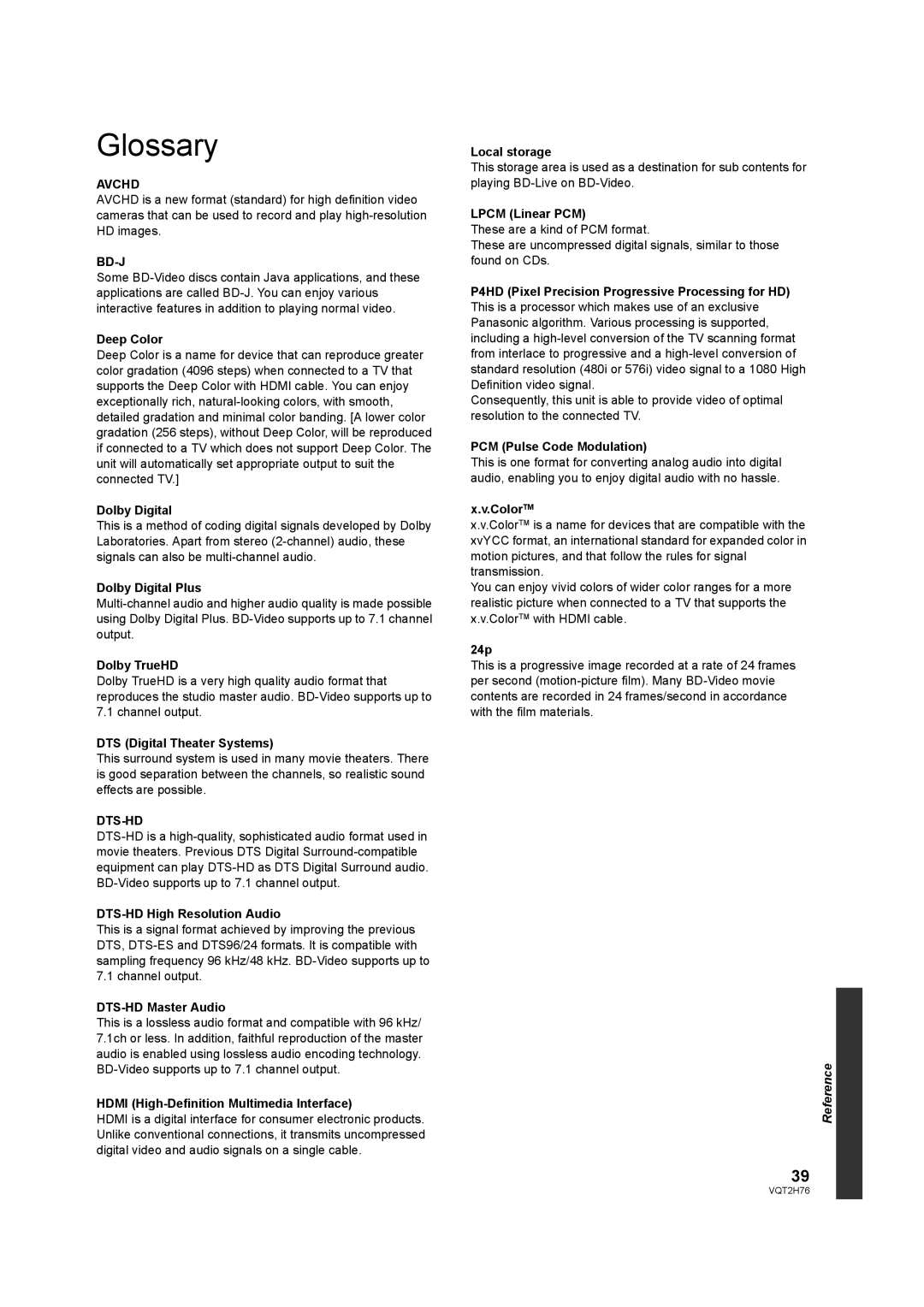 Panasonic DMP-BD85EGK operating instructions Glossary, Avchd, Bd-J, Dts-Hd 