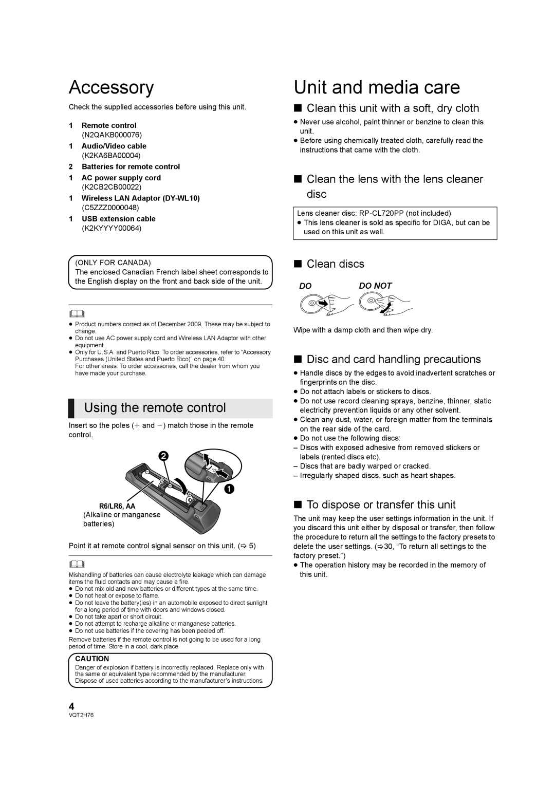 Panasonic DMP-BD85EGK operating instructions Accessory, Unit and media care, Using the remote control 