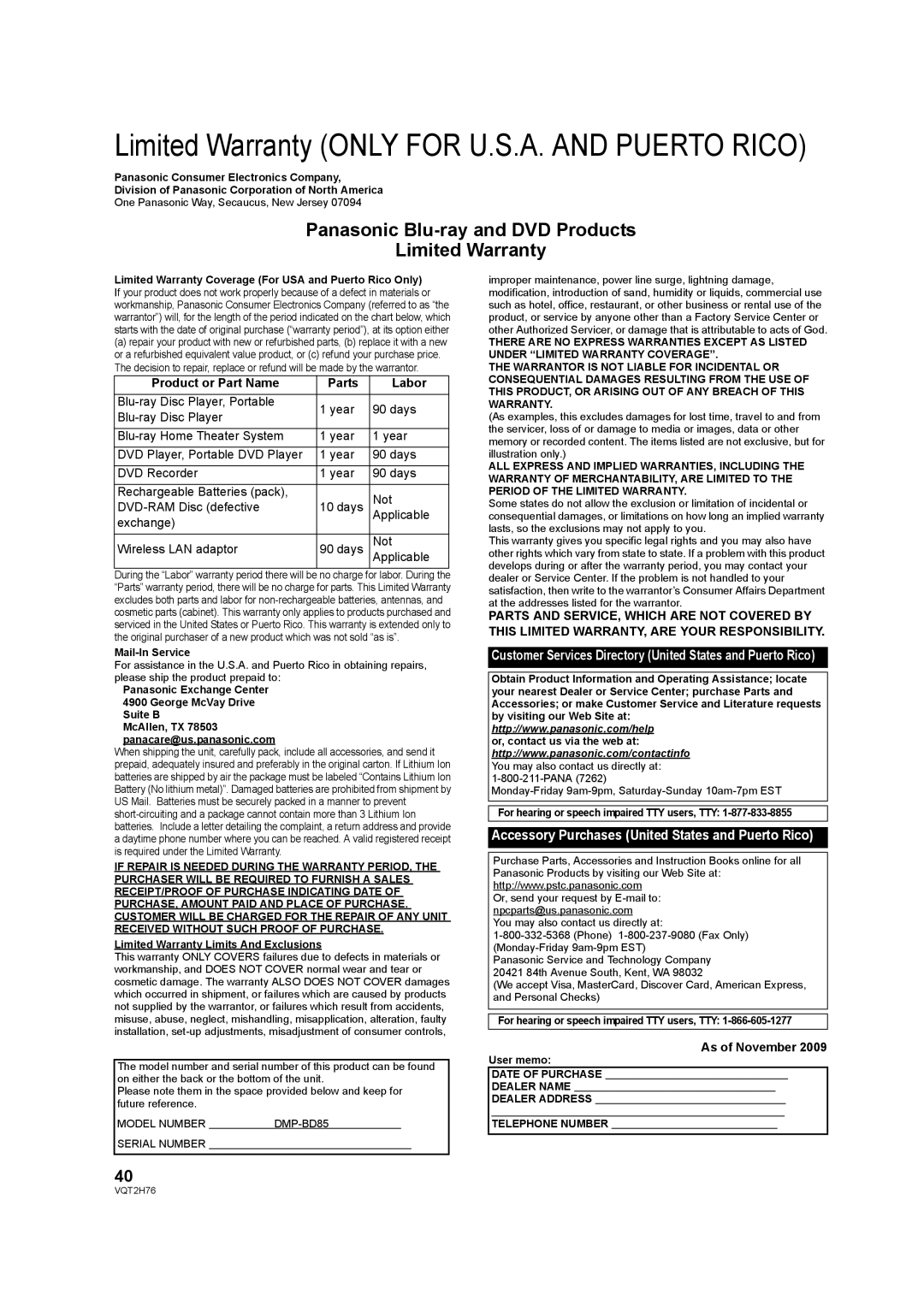 Panasonic DMP-BD85EGK operating instructions Product or Part Name Parts Labor, As of November 